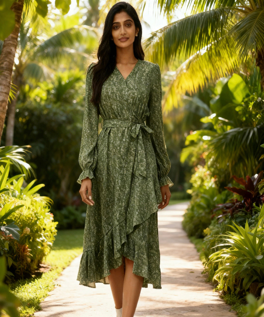 Woman in a green dress walking through a tropical garden