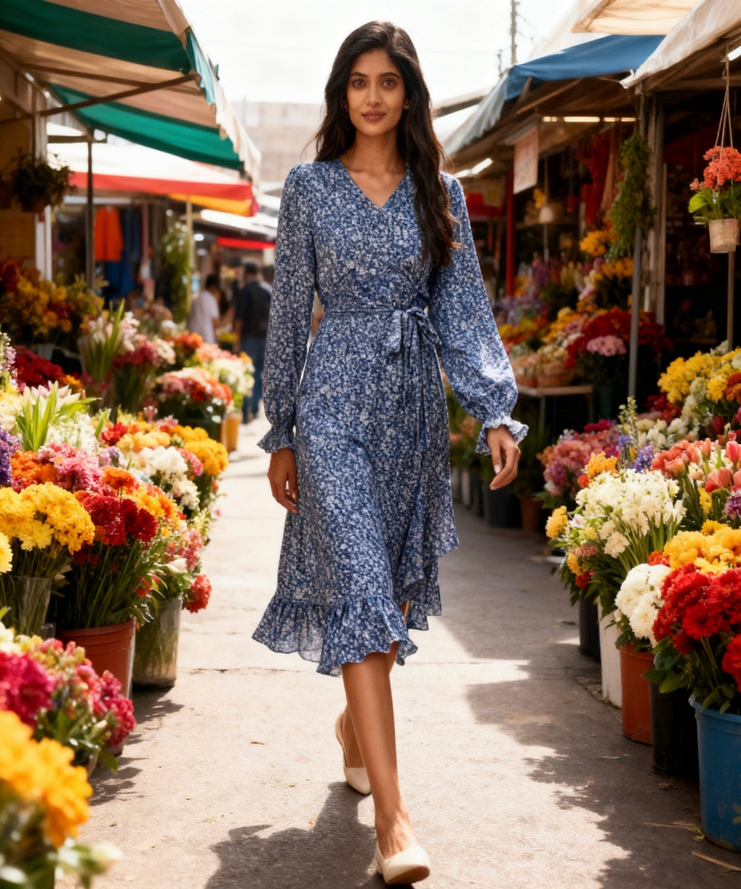 Woman in a blue floral dress walking through a flower market.