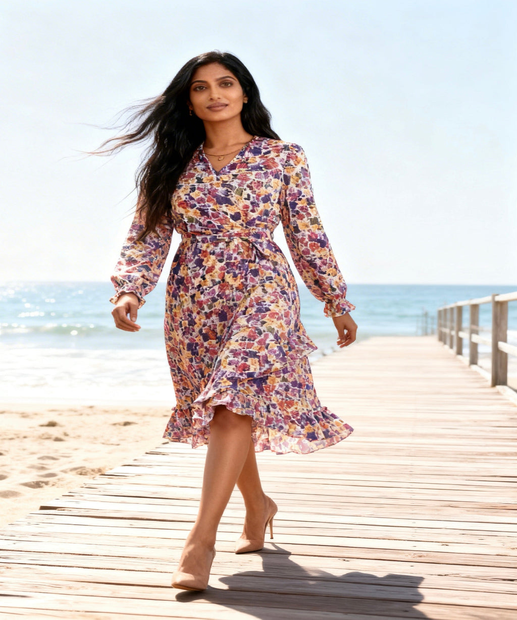 Woman in a floral dress walking on a wooden pier by the ocean.