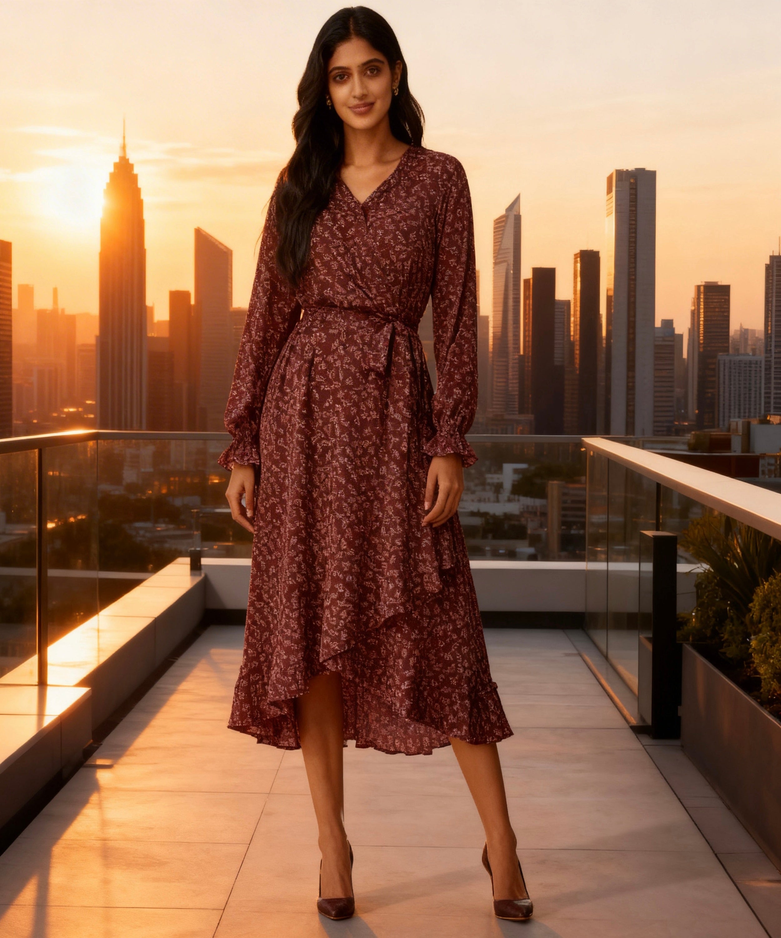 Woman in a patterned dress standing on a rooftop with city skyline at sunset