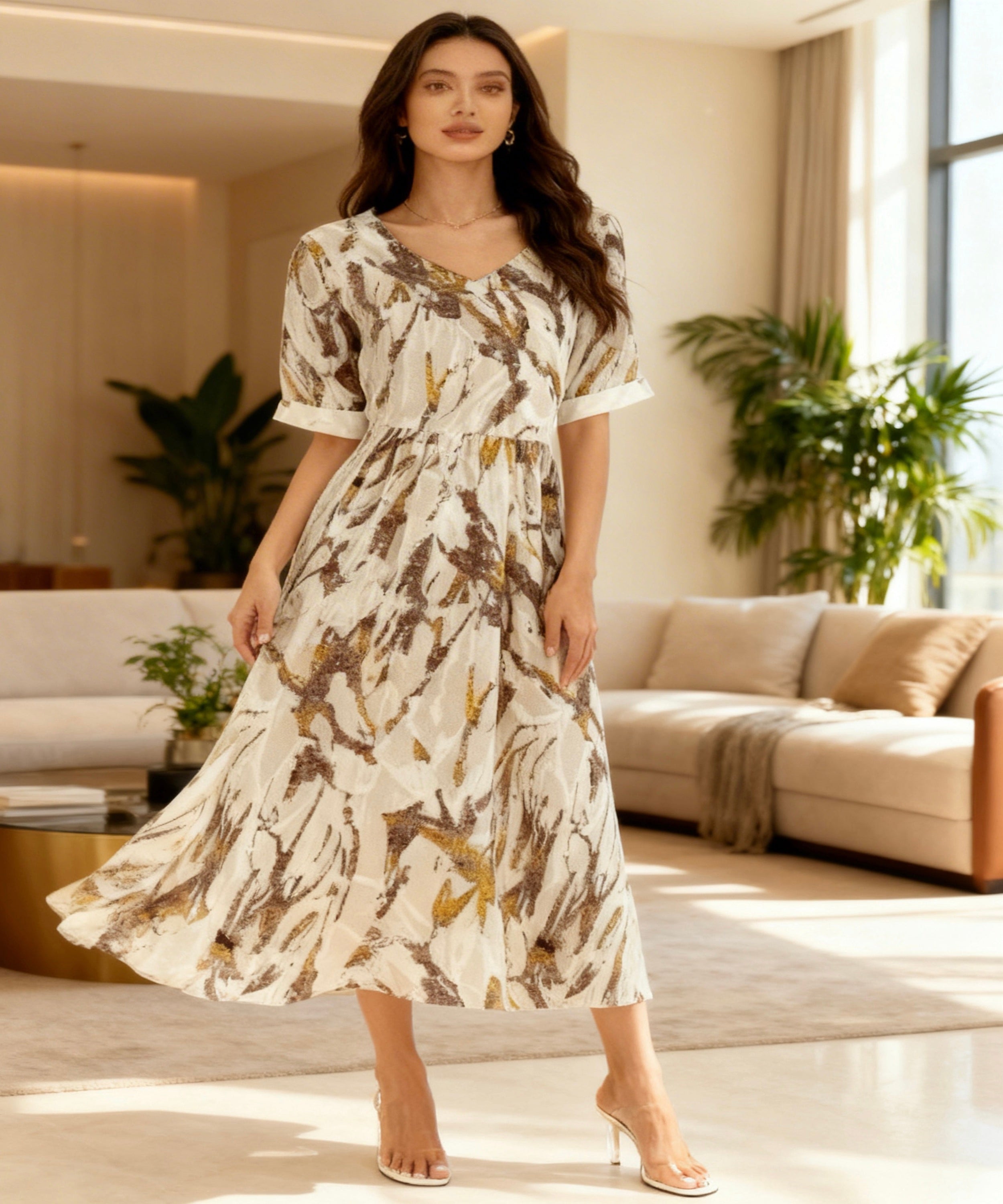 Woman in a floral dress standing in a modern living room.
