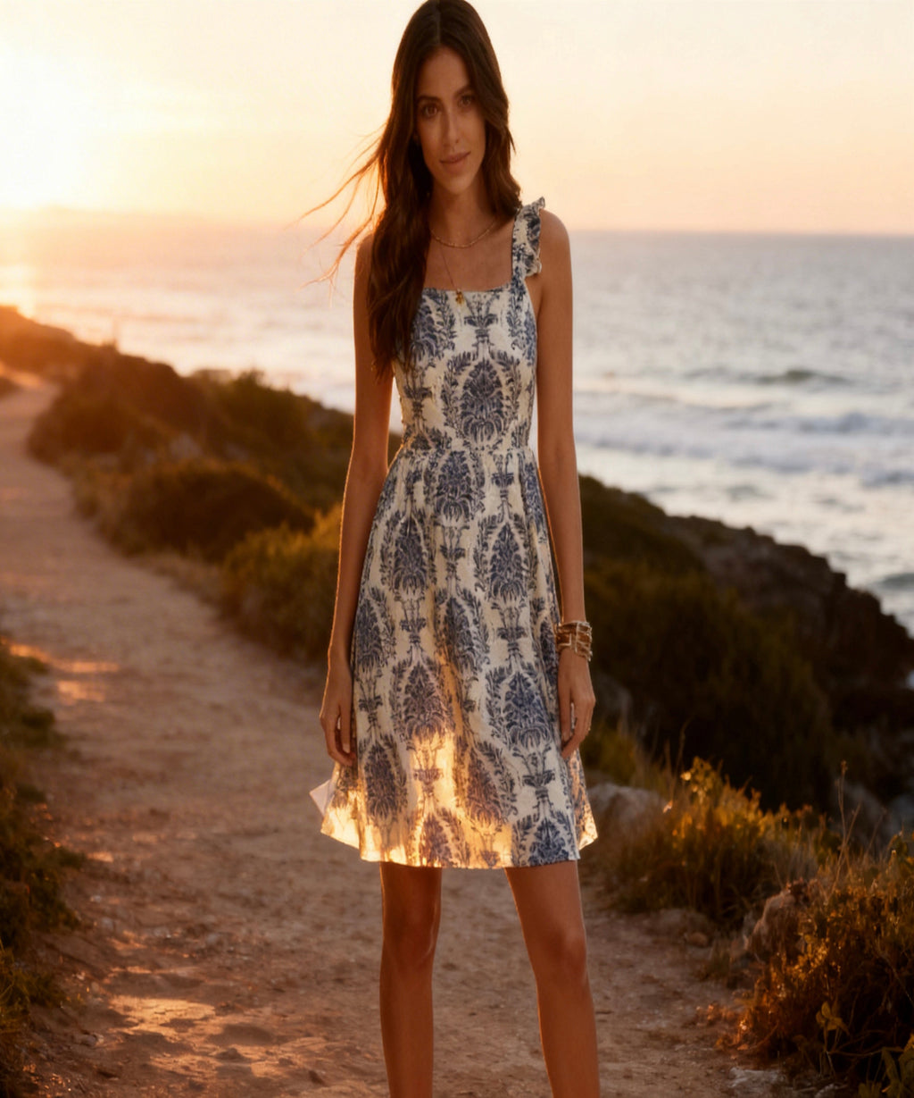 Woman in a patterned dress standing on a coastal path at sunset.