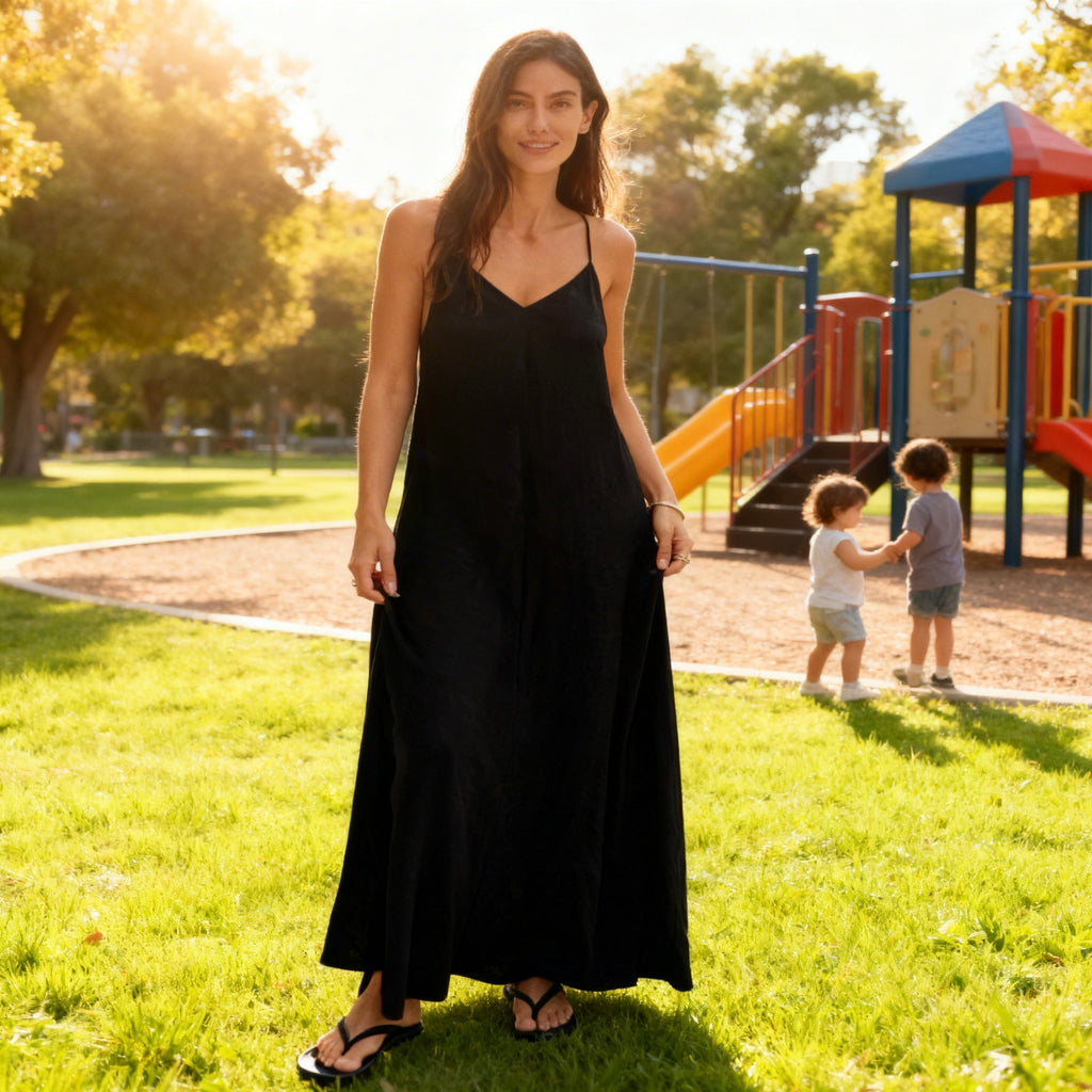 black dress on a women in a park 