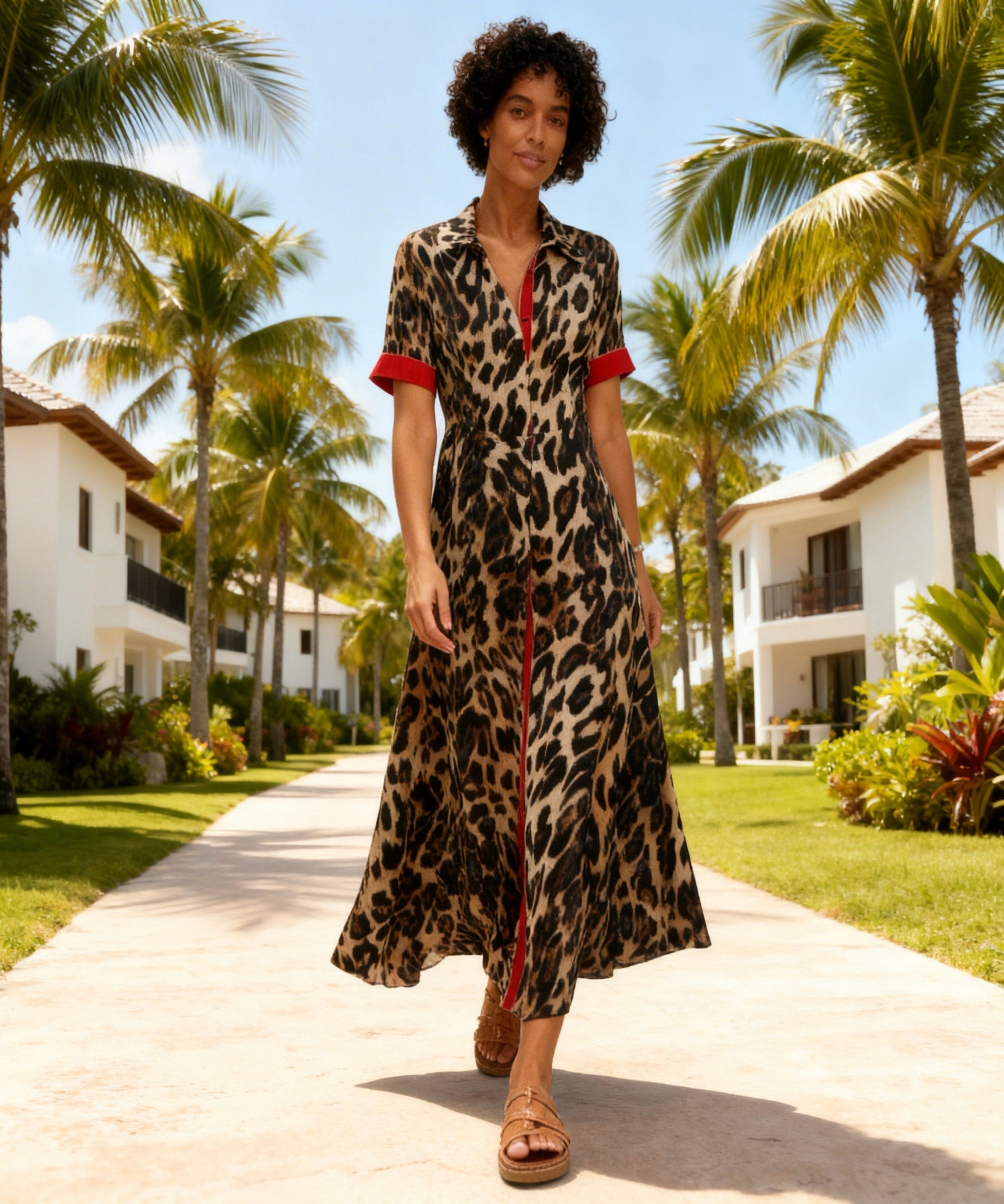 Woman in a leopard print dress walking on a path with palm trees and buildings in the background