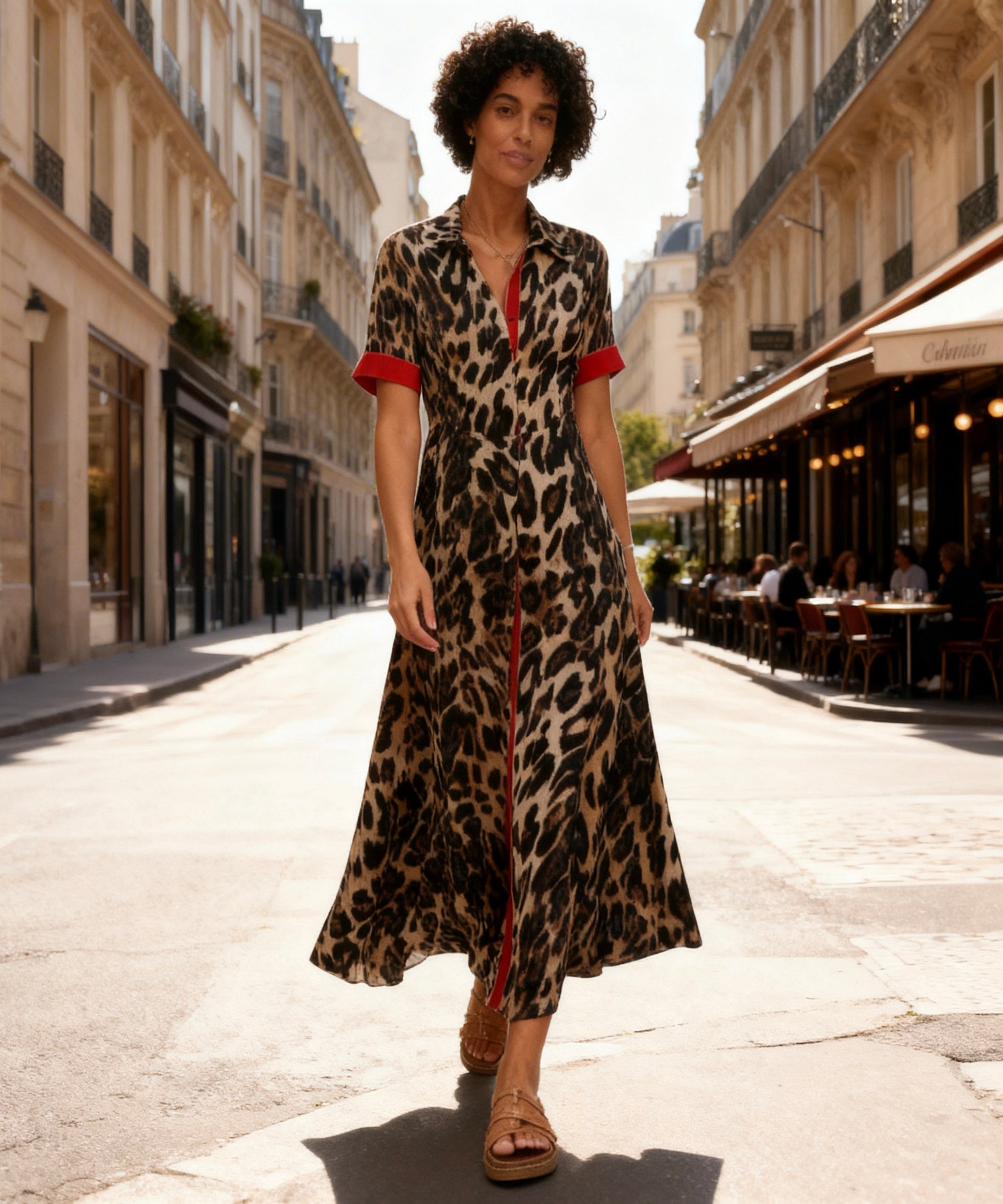 Woman in a leopard print dress walking down a city street.