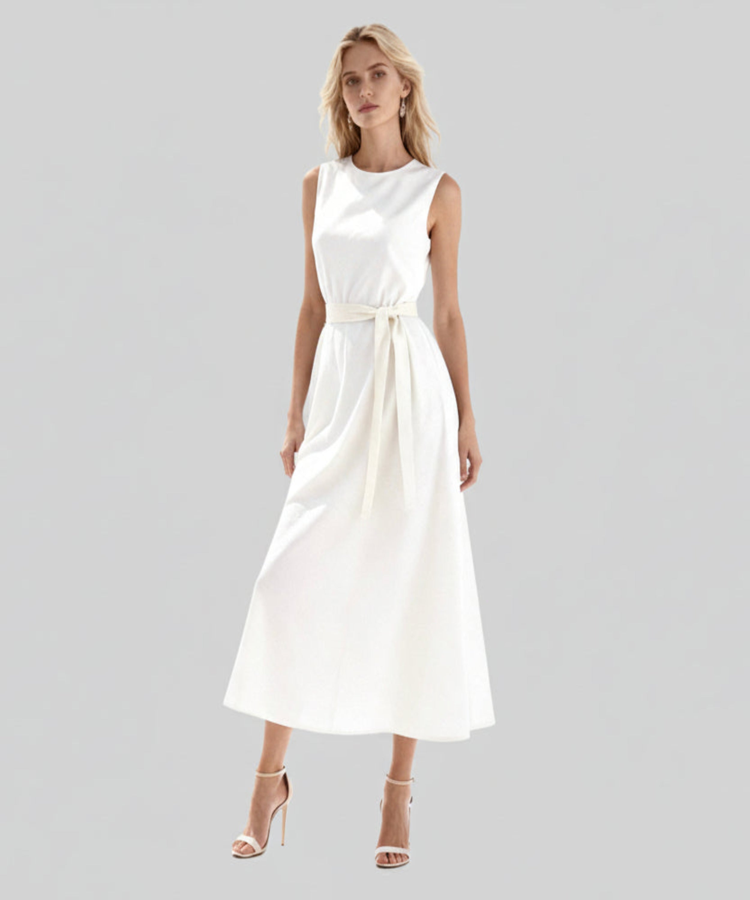 Woman wearing a white sleeveless dress on a white background