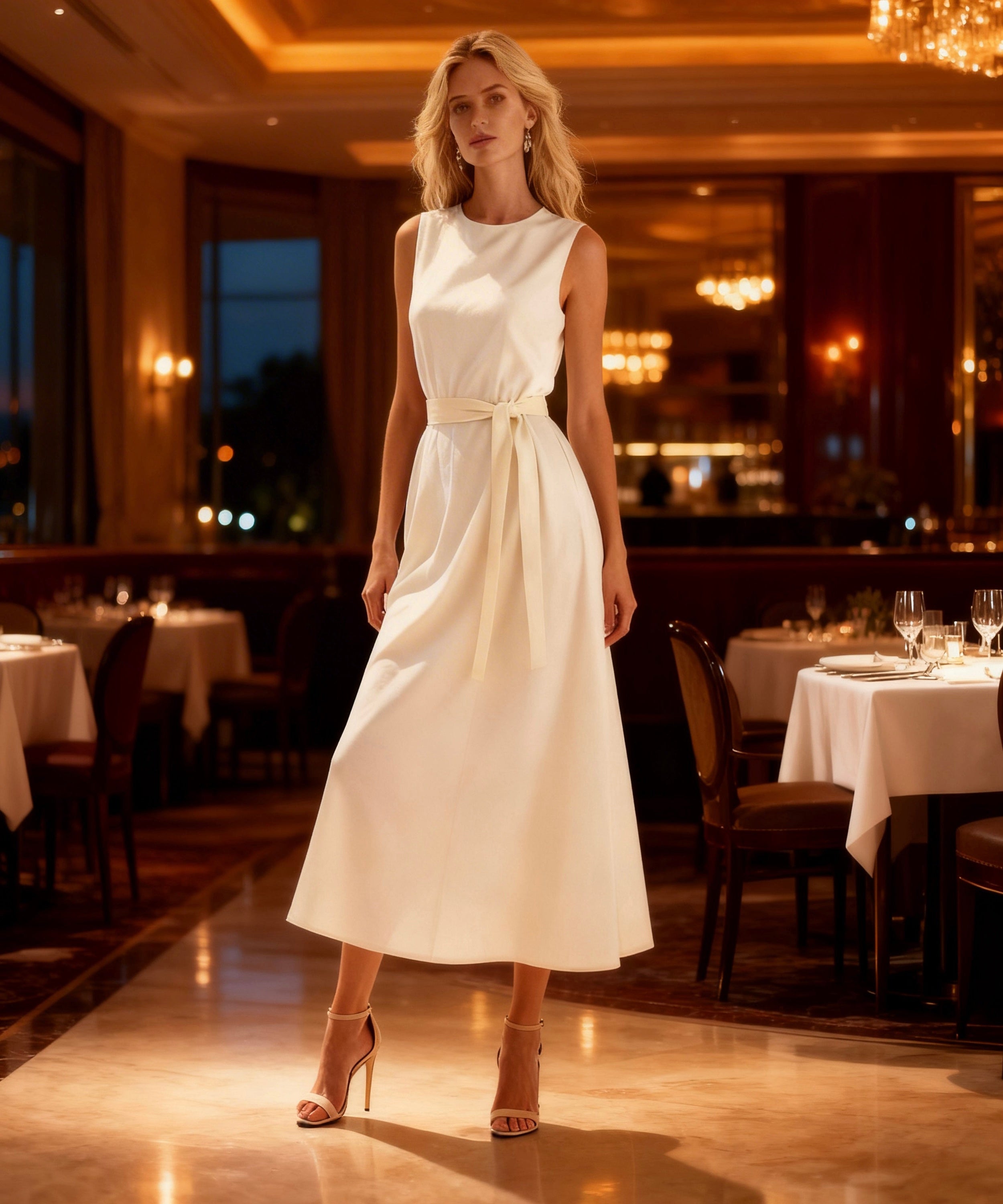 Woman in a white dress standing in a elegant restaurant setting