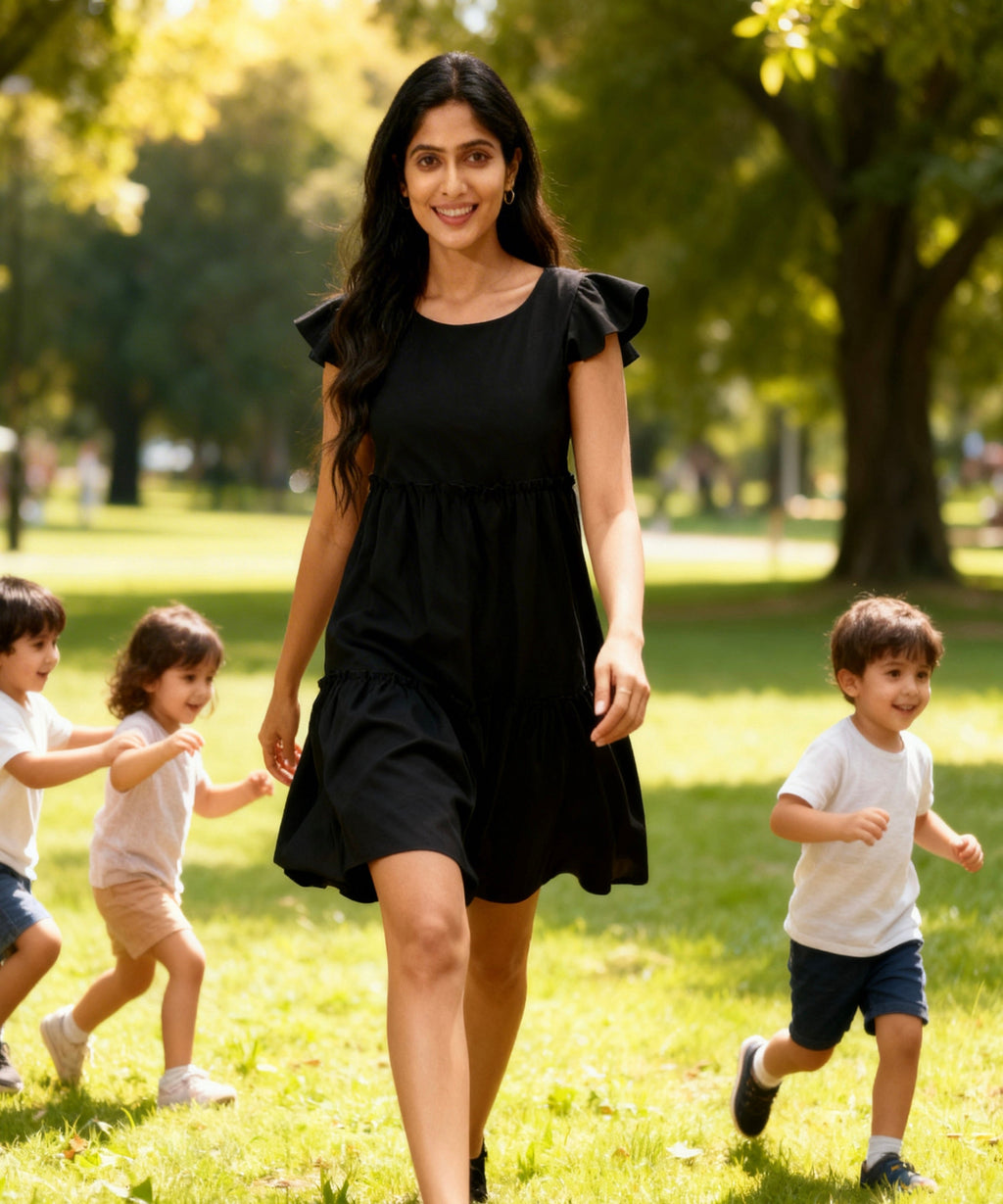 Woman in a black dress walking with children in a park