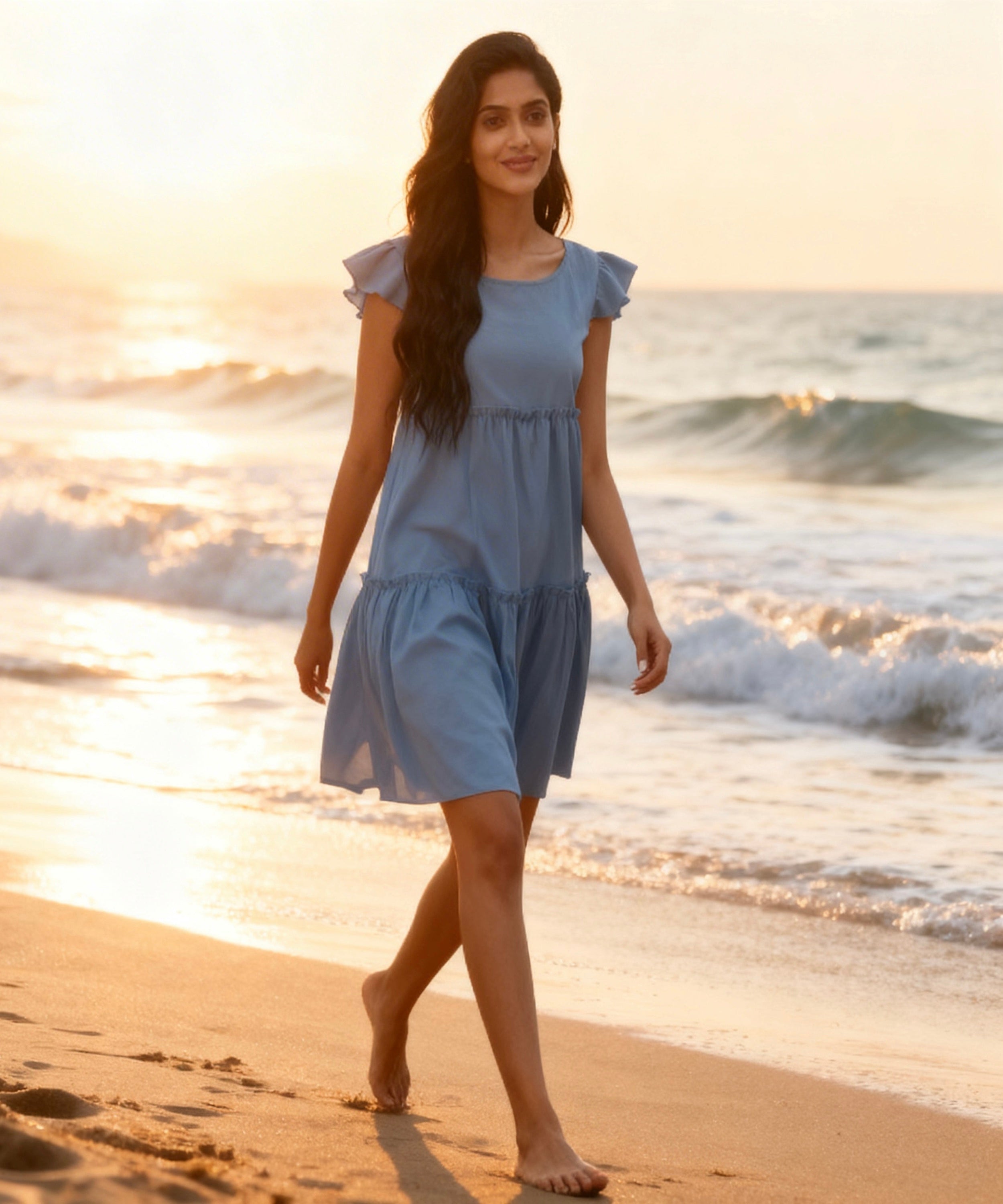 Woman in a blue dress walking on a beach at sunset