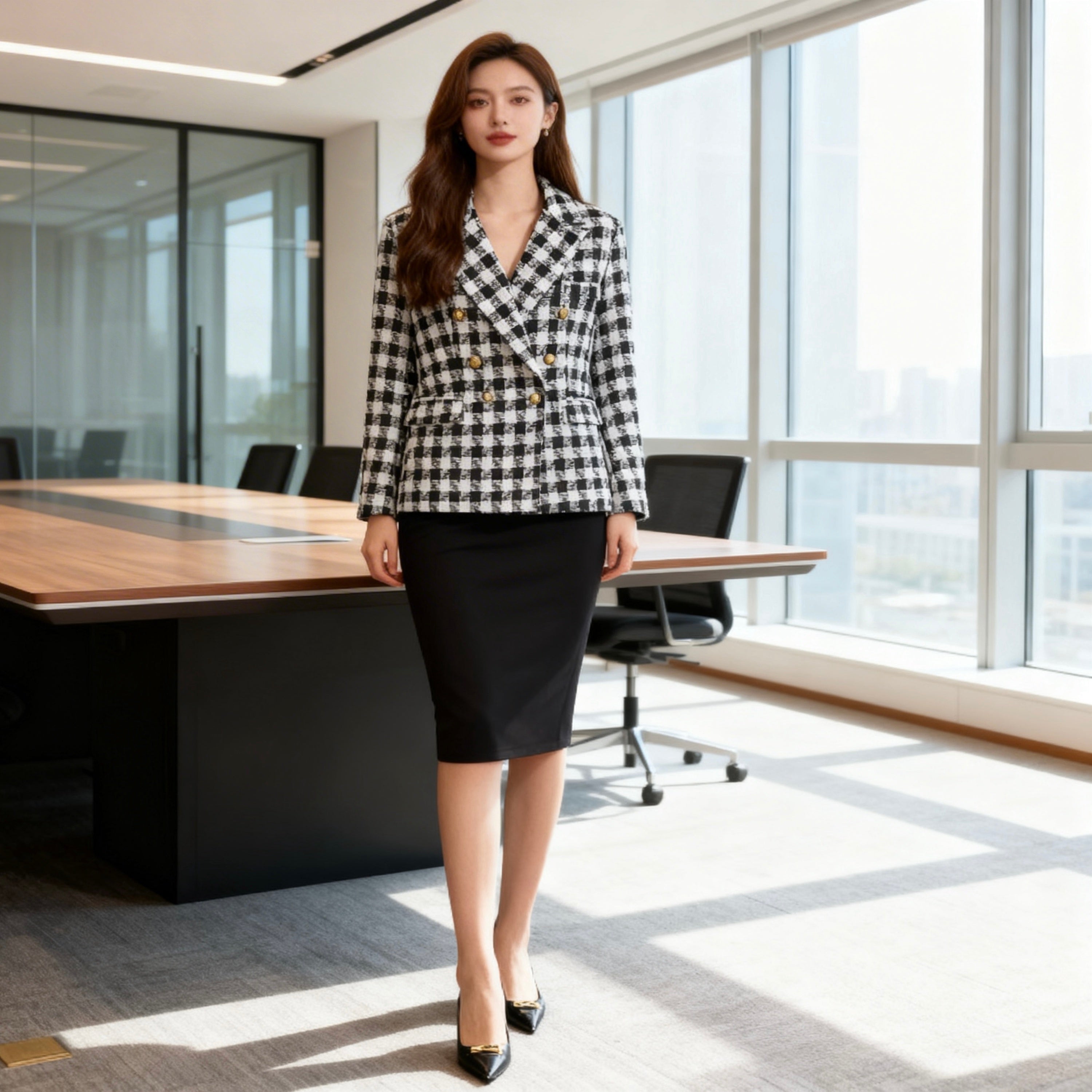 Woman in a checkered blazer and black skirt standing in a modern office.