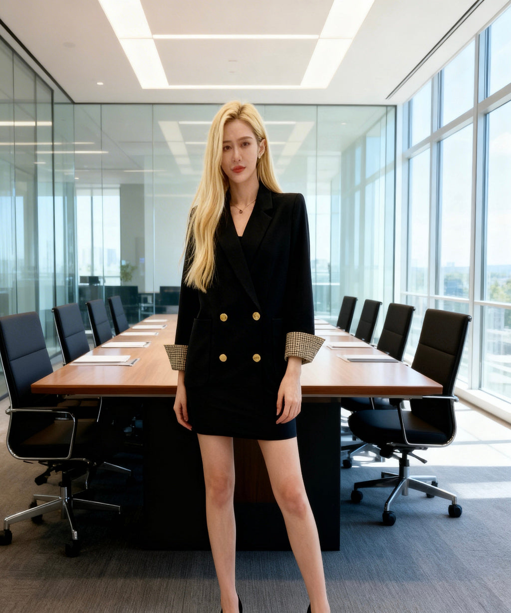 Woman in a black suit standing in a modern office conference room.