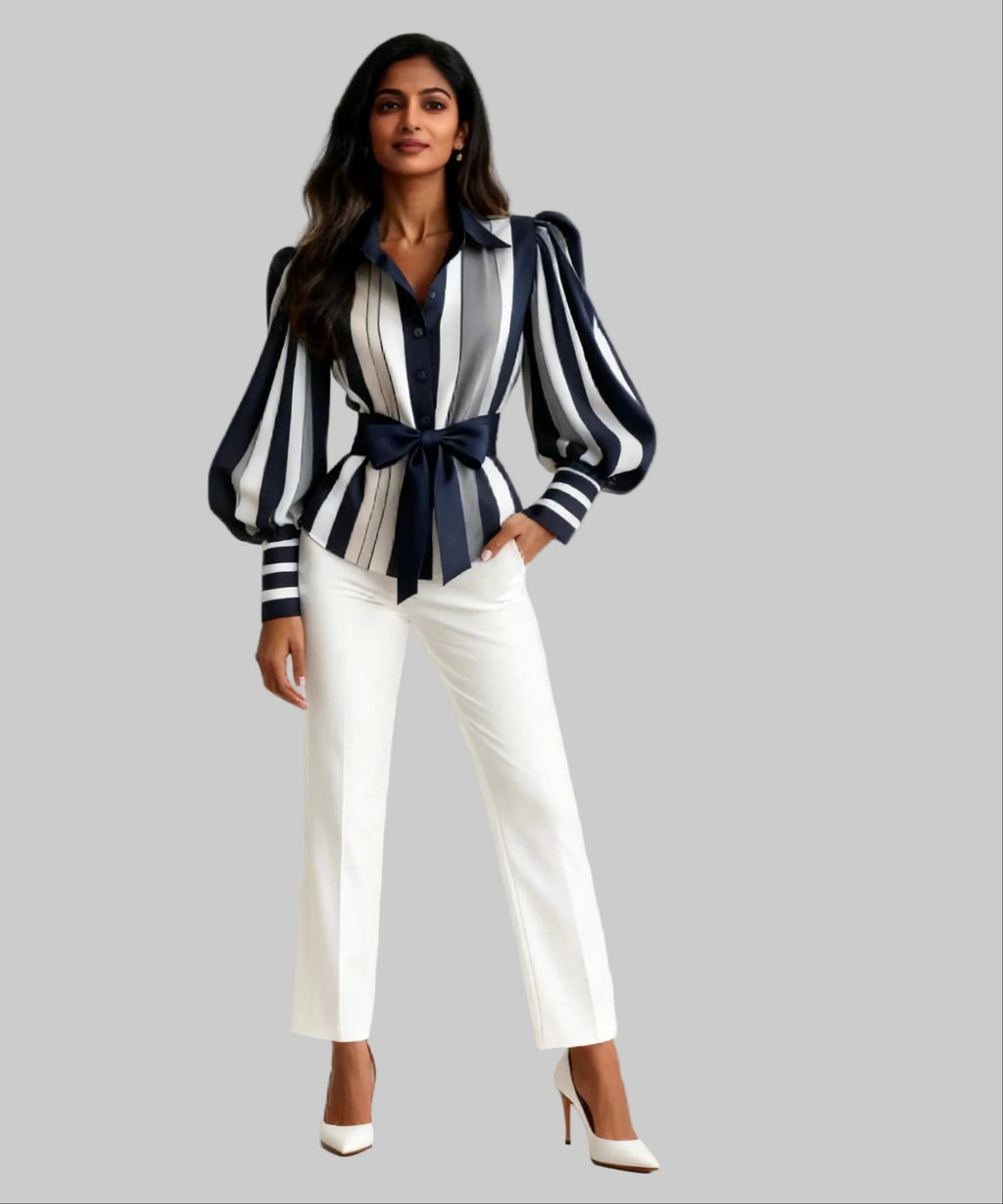 Woman wearing a black and white striped blouse with a belt and white pants on a white background