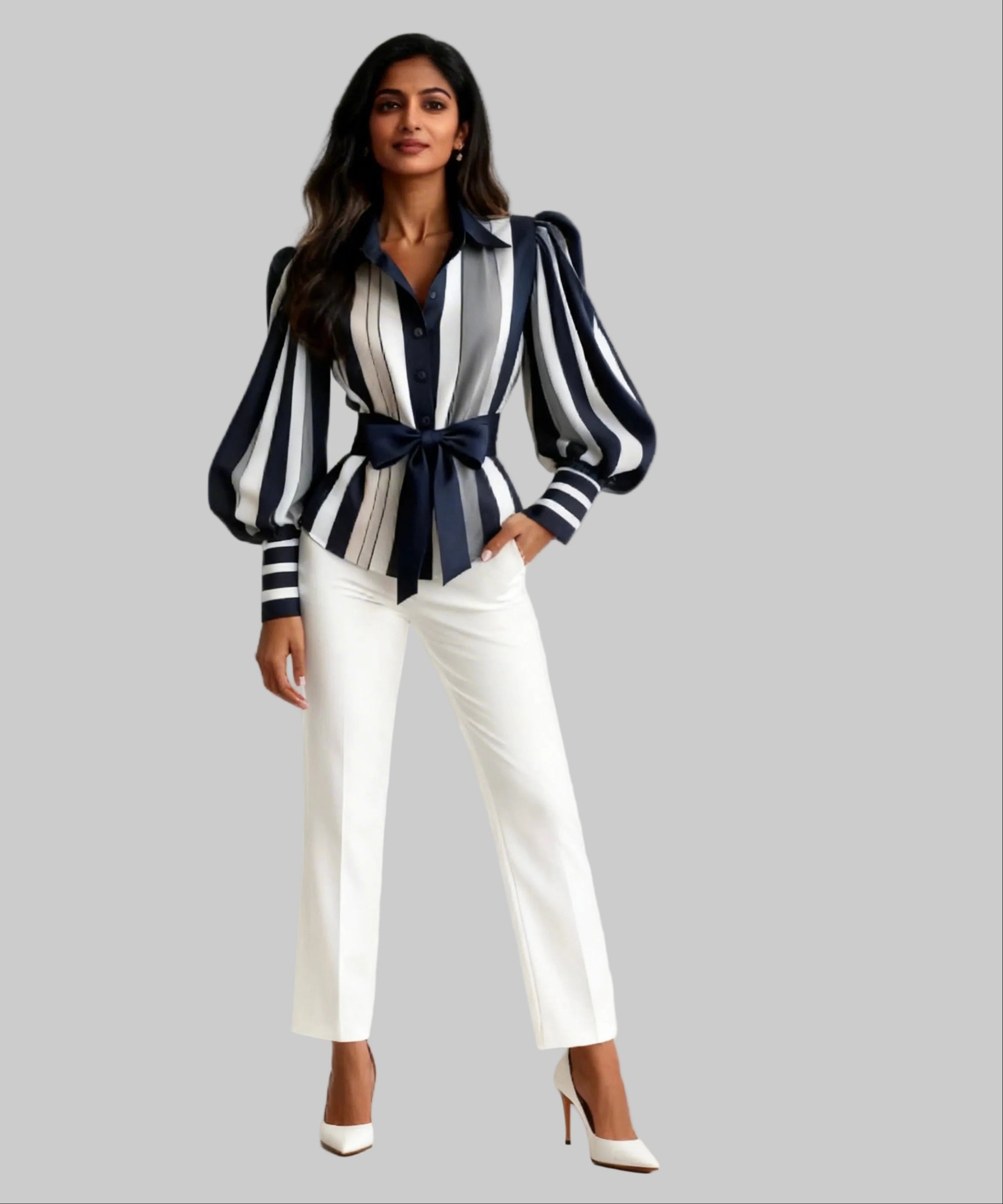 Woman wearing a black and white striped blouse with a belt and white pants on a white background