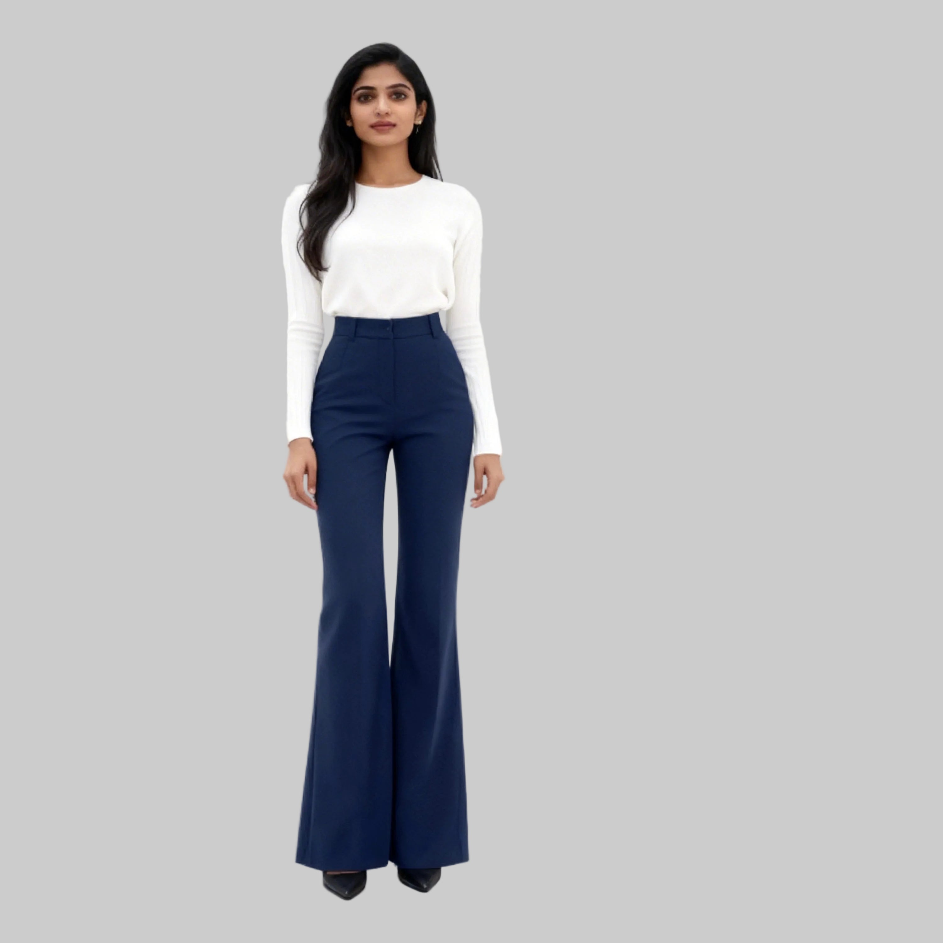 Asian women dressed on a navy trousers sits on a white background