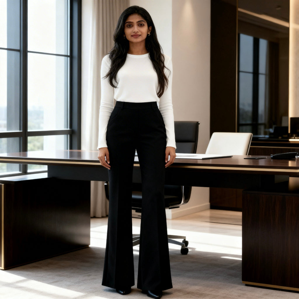 Elegant women sits in front of office