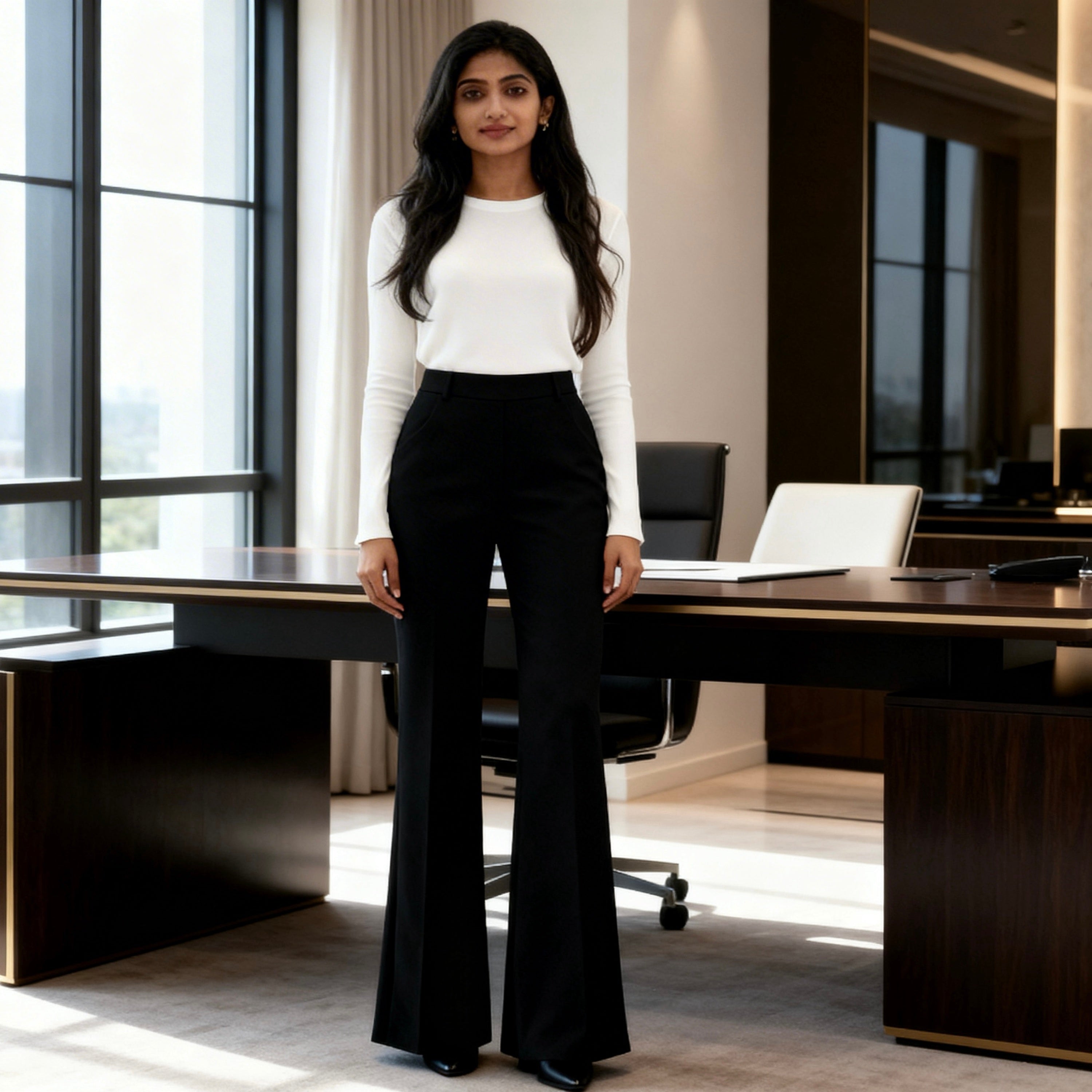 Elegant women sits in front of office