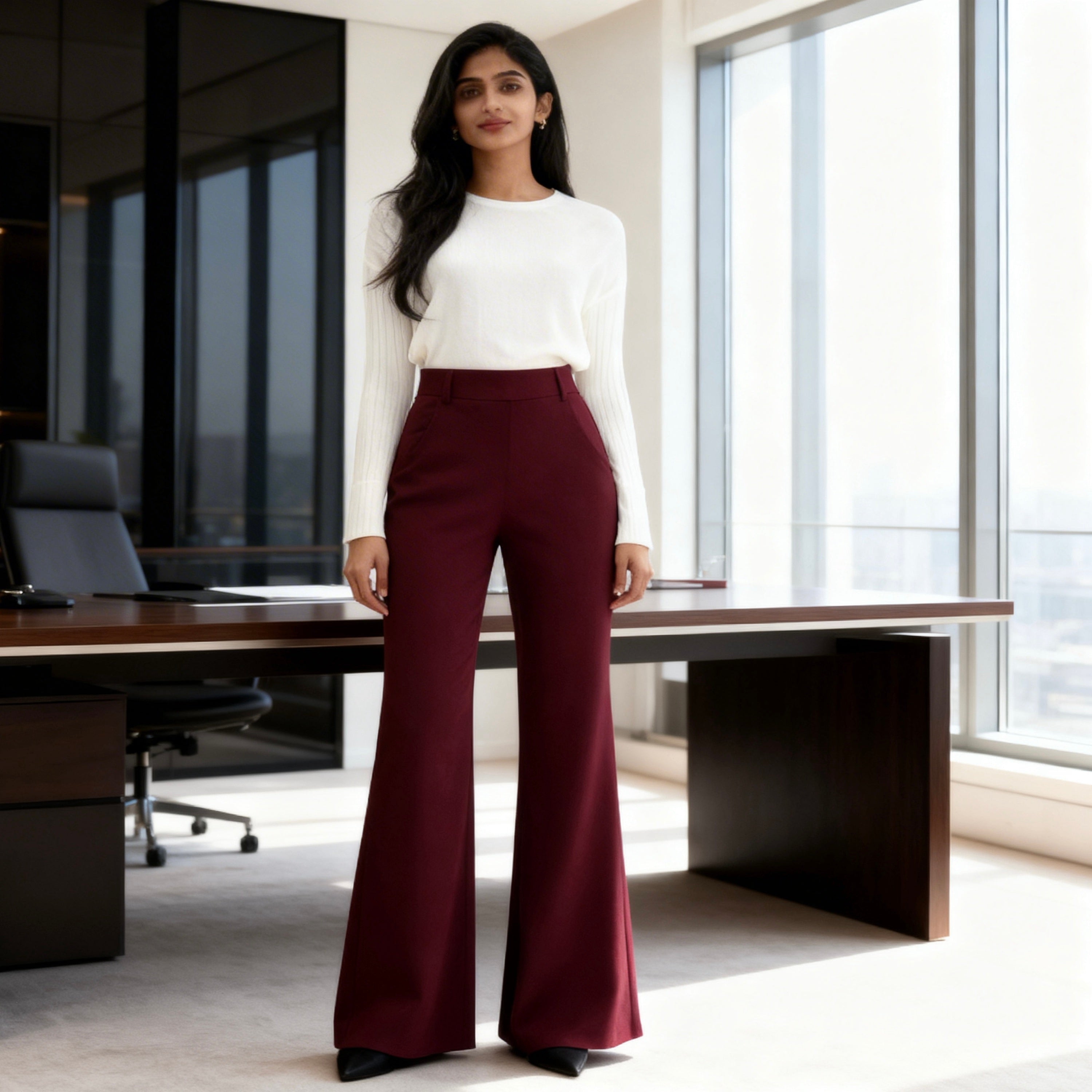 Asian women sits in front of the office