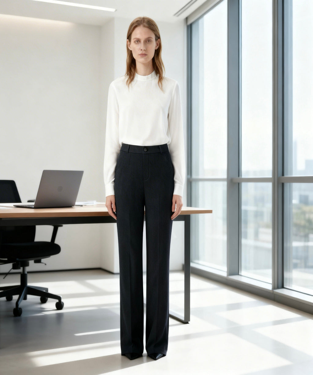 white women sits in front of the office