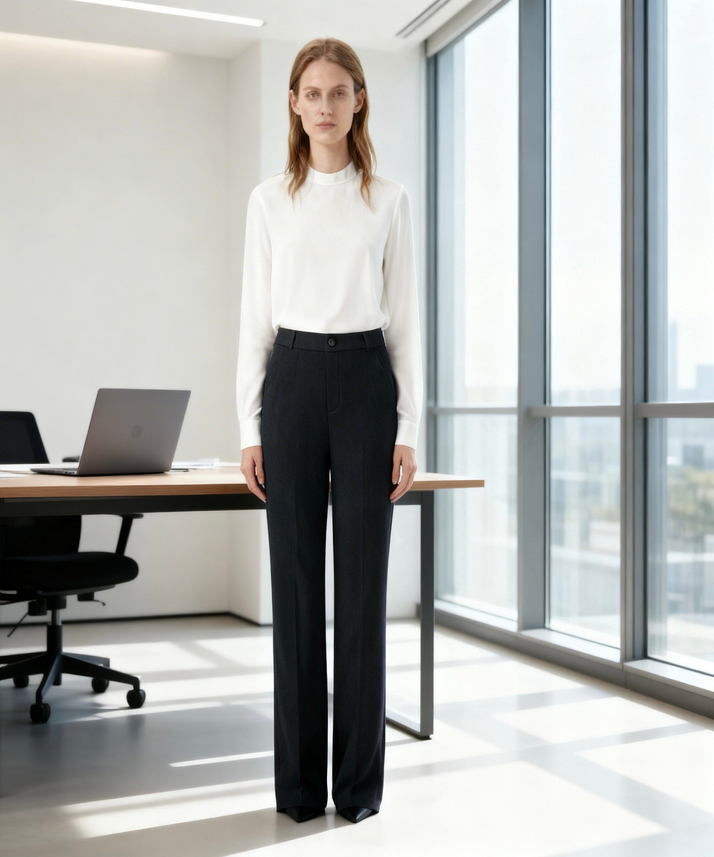 white women sits in front of the office