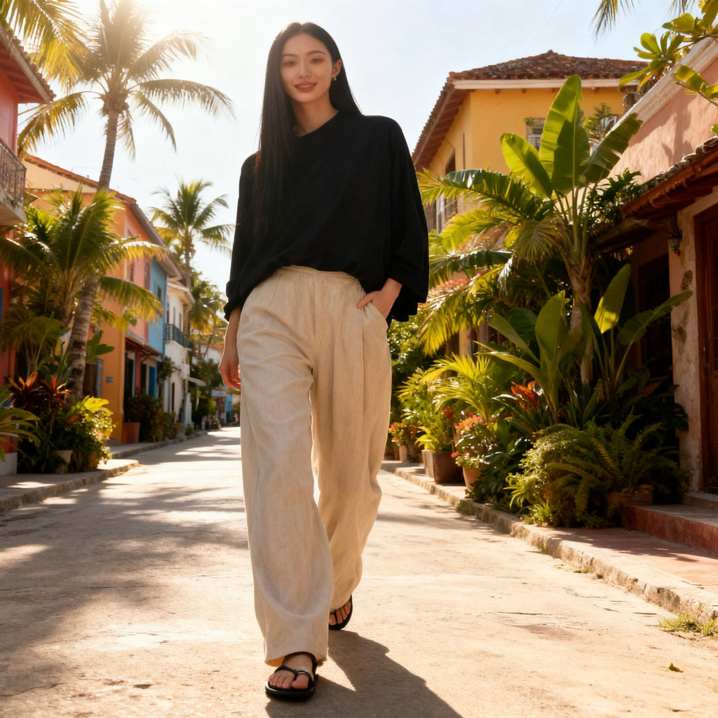 Woman walking on a tropical street with palm trees and colorful buildings.