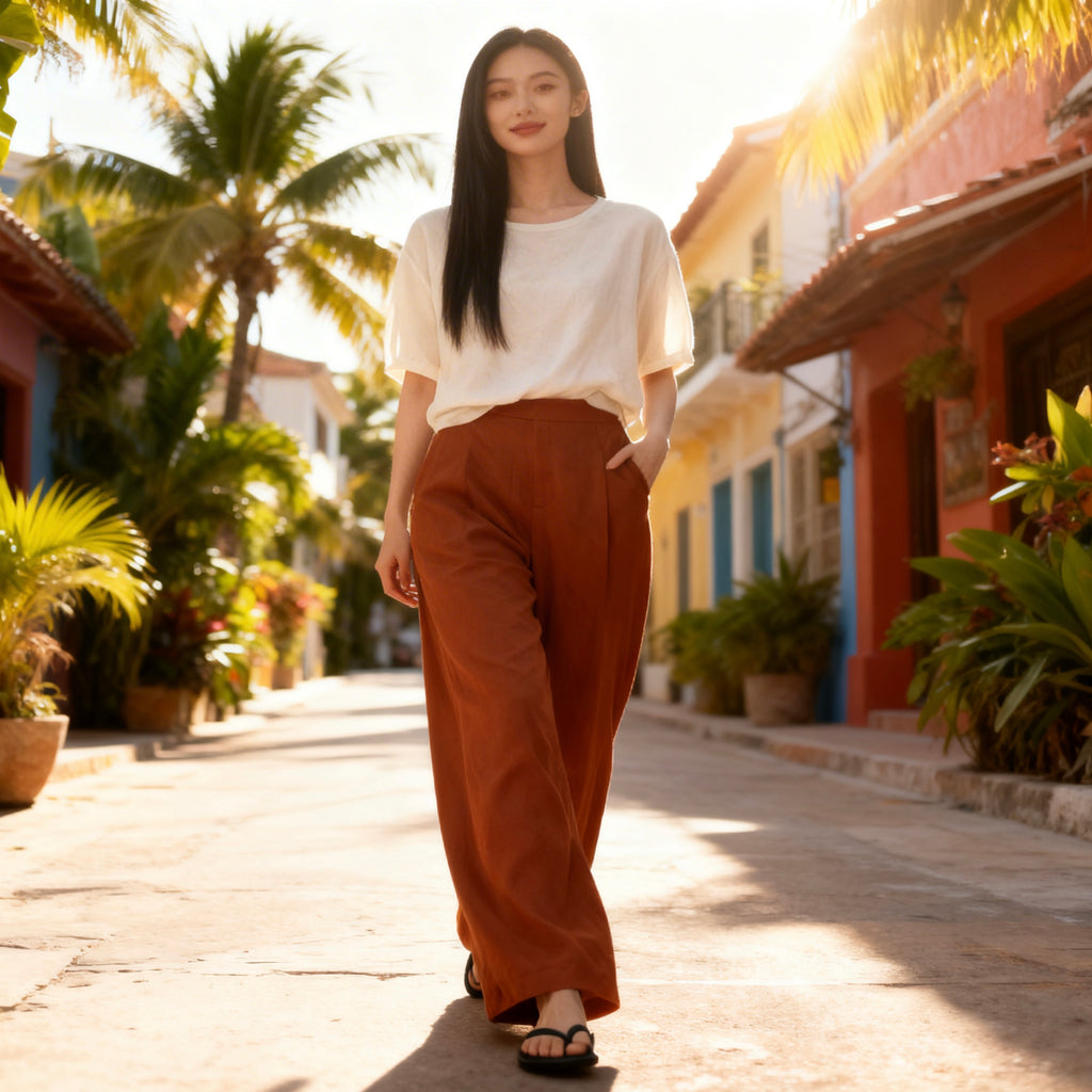 Woman in white top and brown pants standing on a sunlit street with palm trees and colorful buildings.