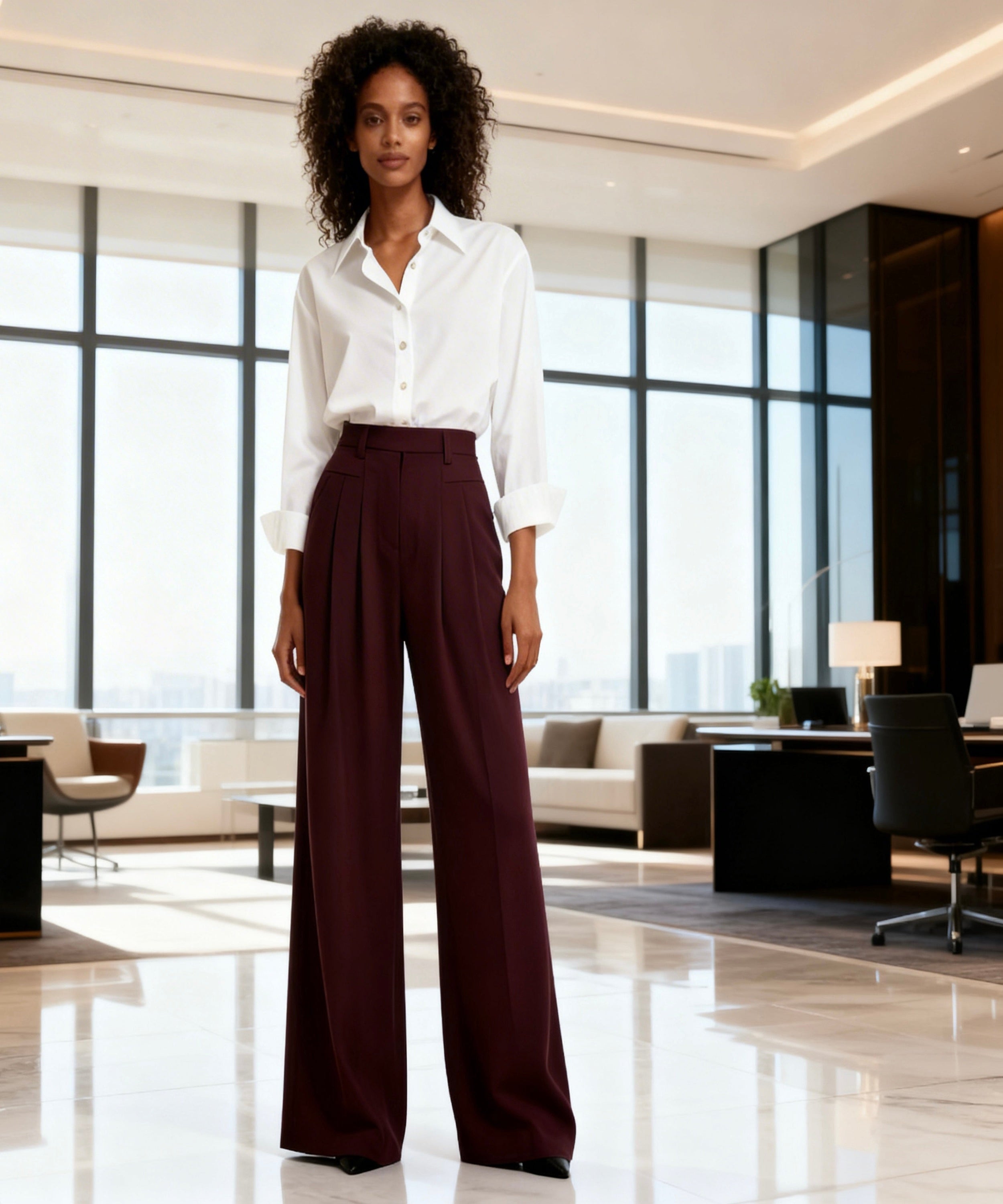 Woman in a white blouse and maroon pants standing in a modern office setting