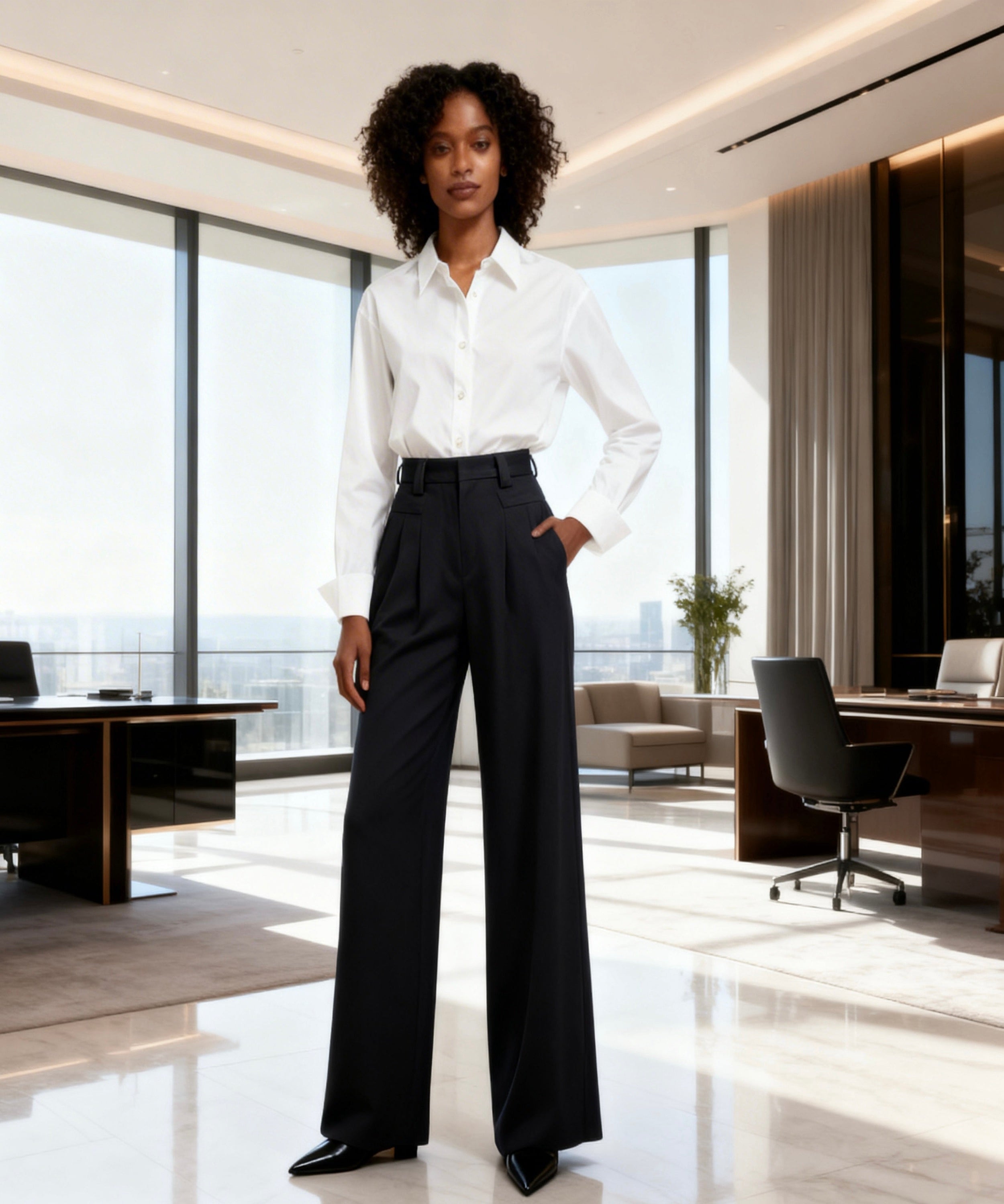 Woman in a white shirt and black pants standing in a modern office.