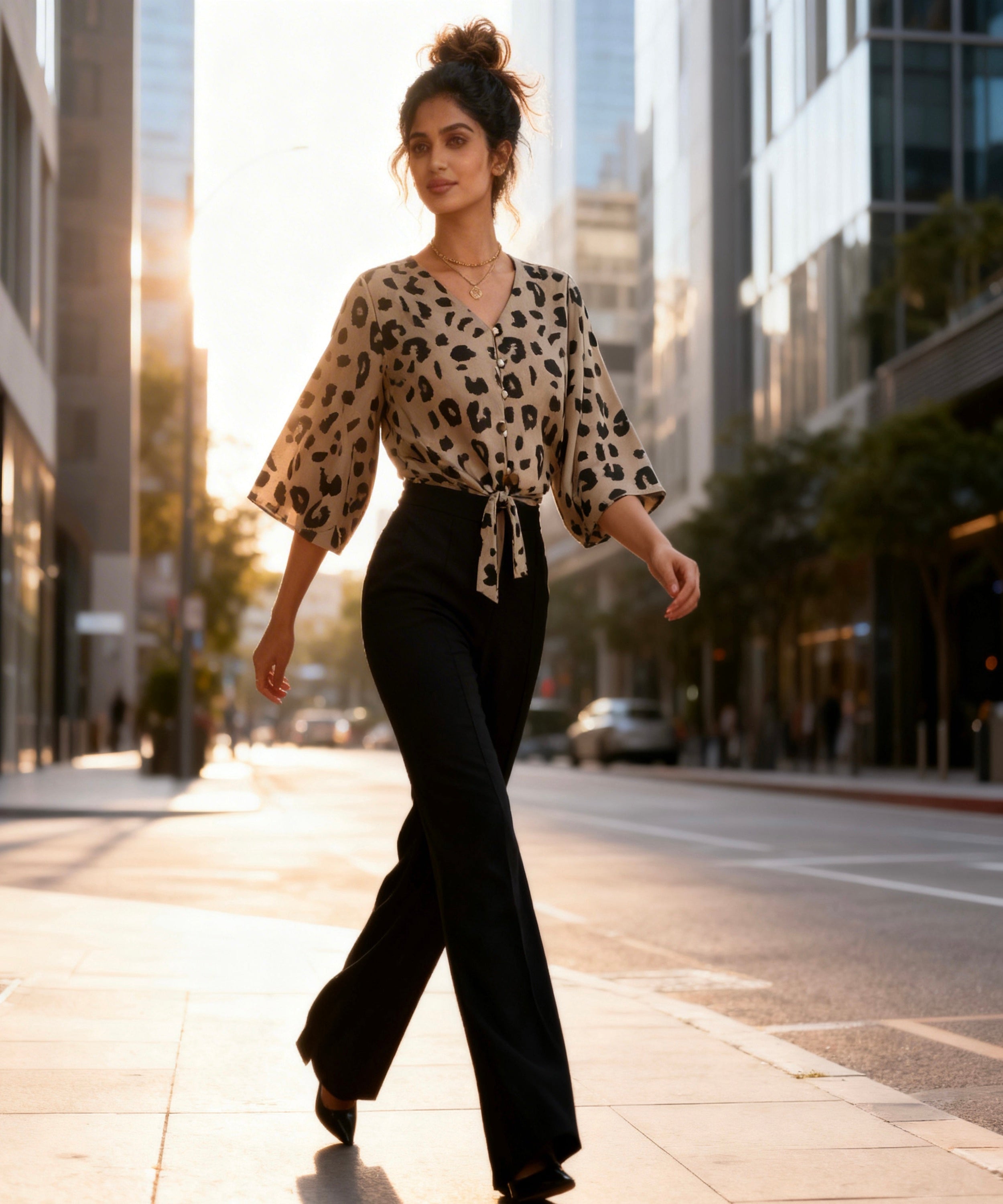 Woman in a leopard print blouse and black pants walking on a city street.