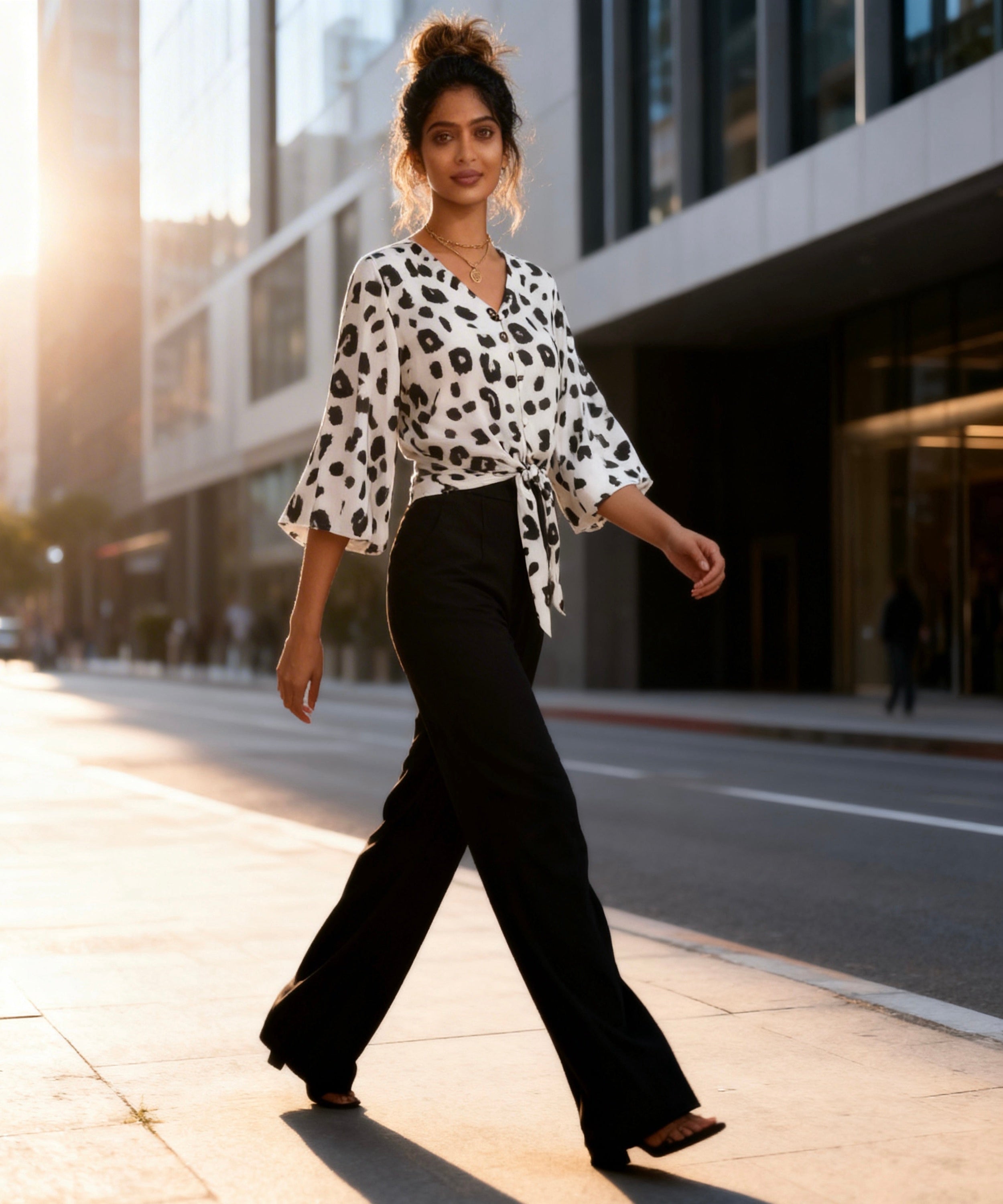 Woman walking on a city street wearing a white blouse with black patterns and black pants.