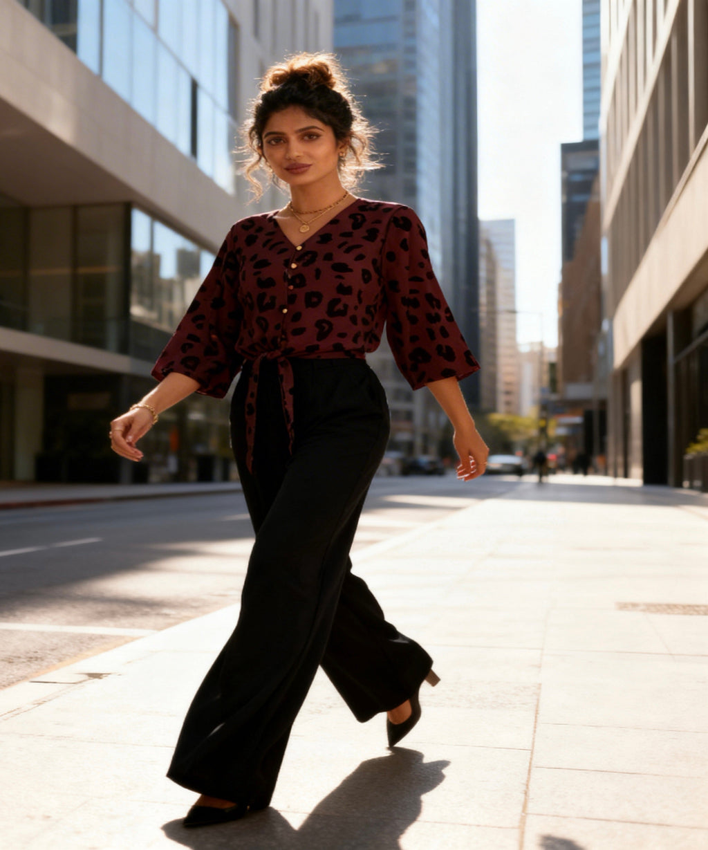 Woman walking on a city street wearing a leopard print top and black pants.