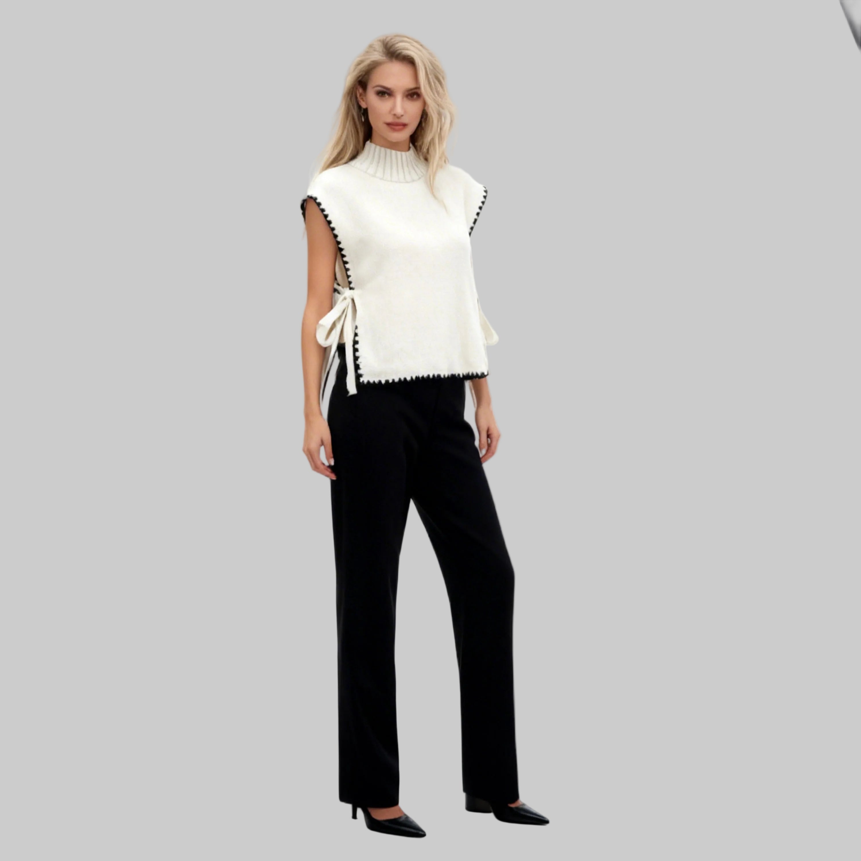 Woman wearing a white sleeveless top with black trim and black pants on a white background