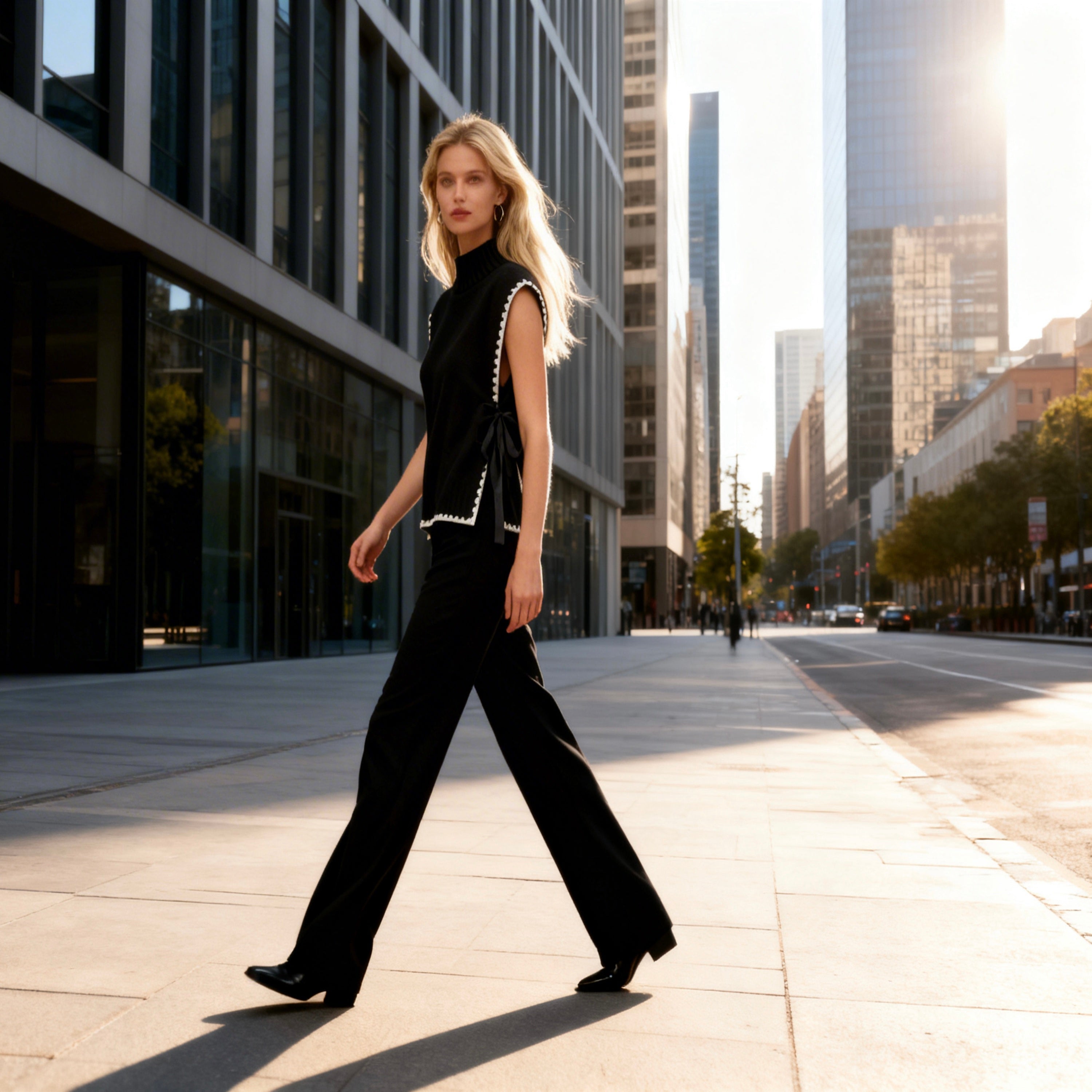 Woman in a black outfit walking on a city street with modern buildings in the background