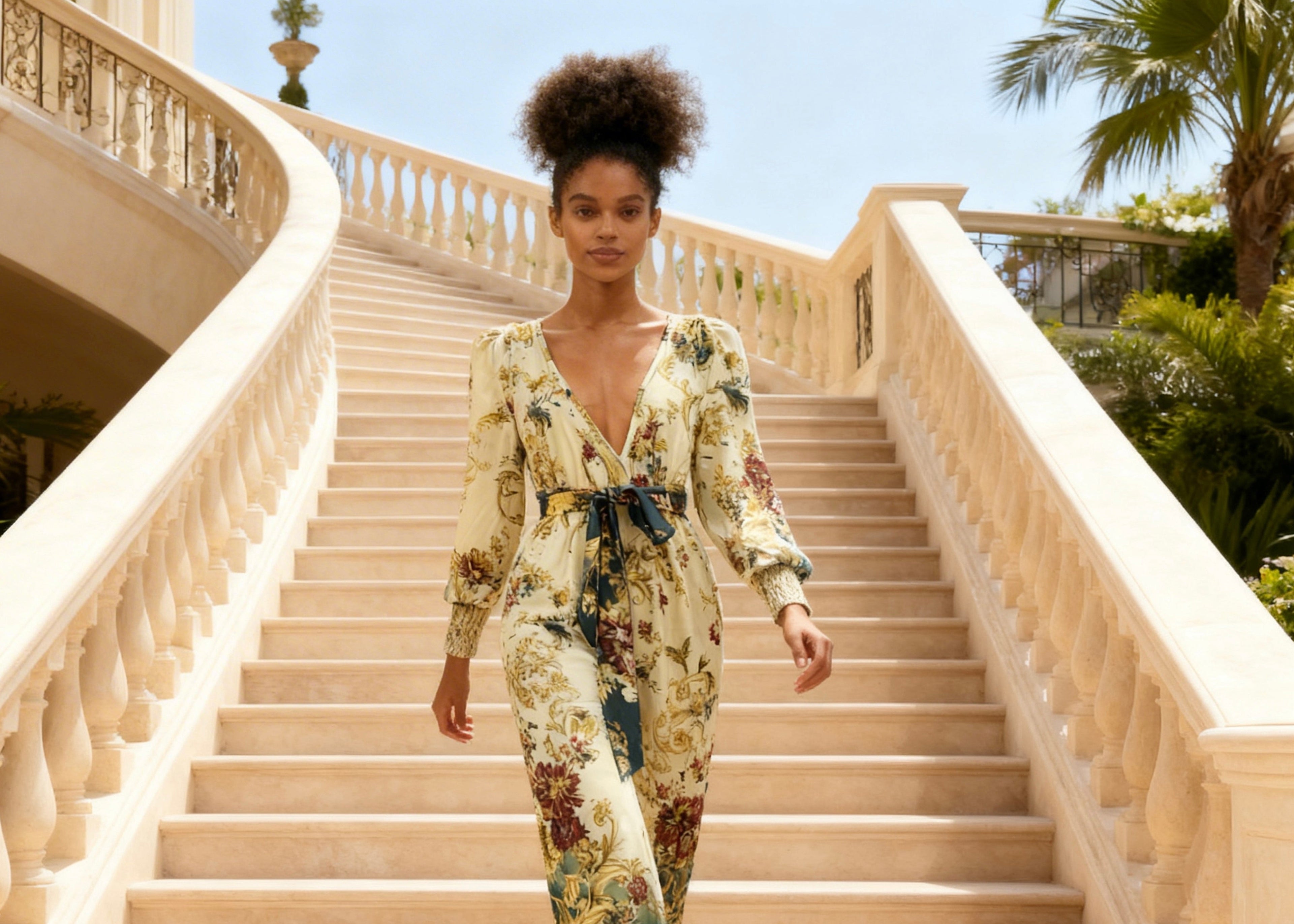 Woman in a floral outfit walking up a staircase with palm trees in the background