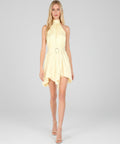 Woman wearing a light yellow dress on a light grey background