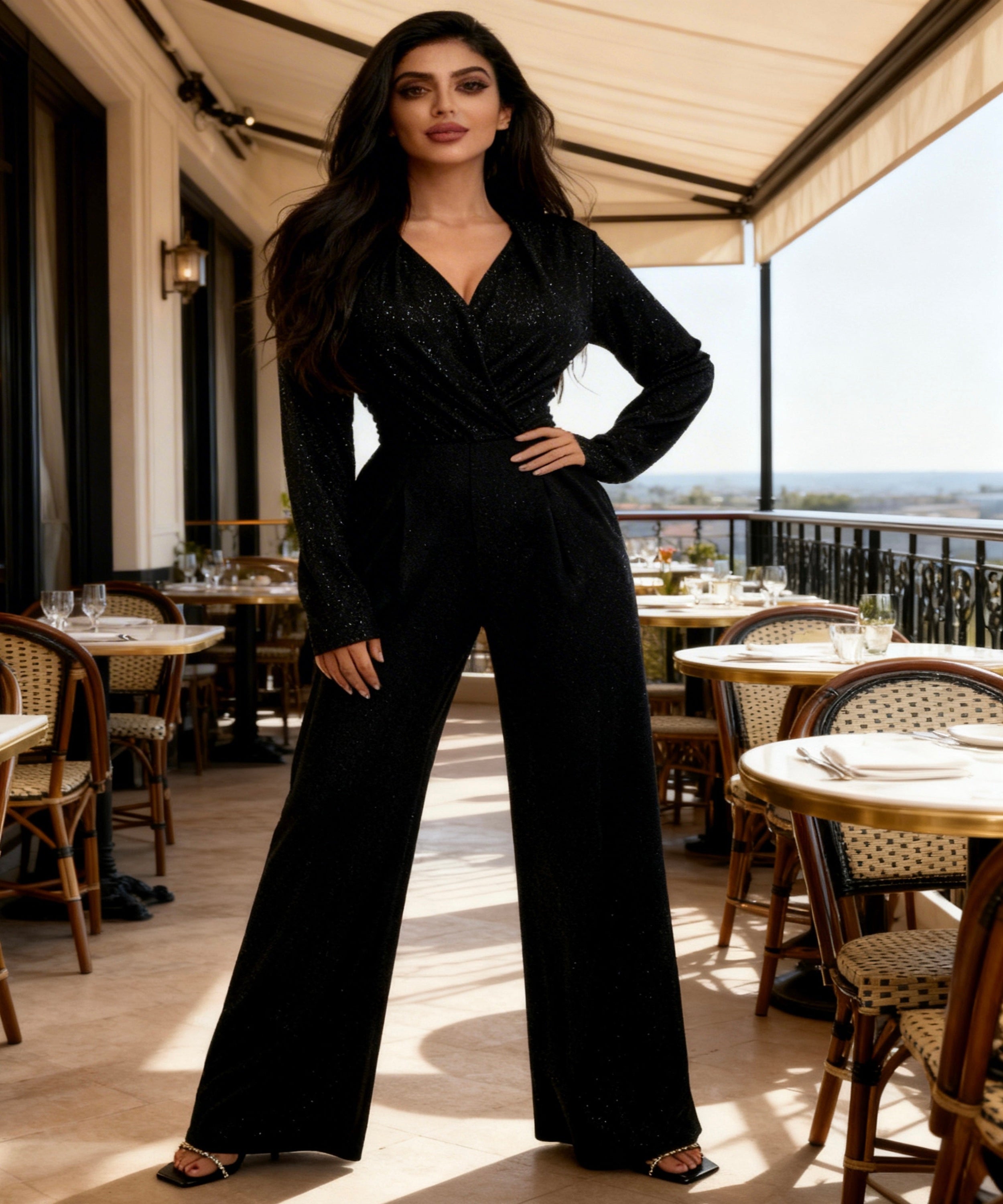Woman in a black outfit standing in an outdoor restaurant setting