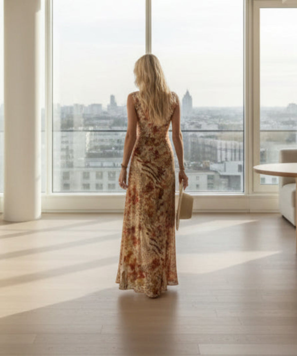 Woman in a floral dress walking down a street in an urban setting