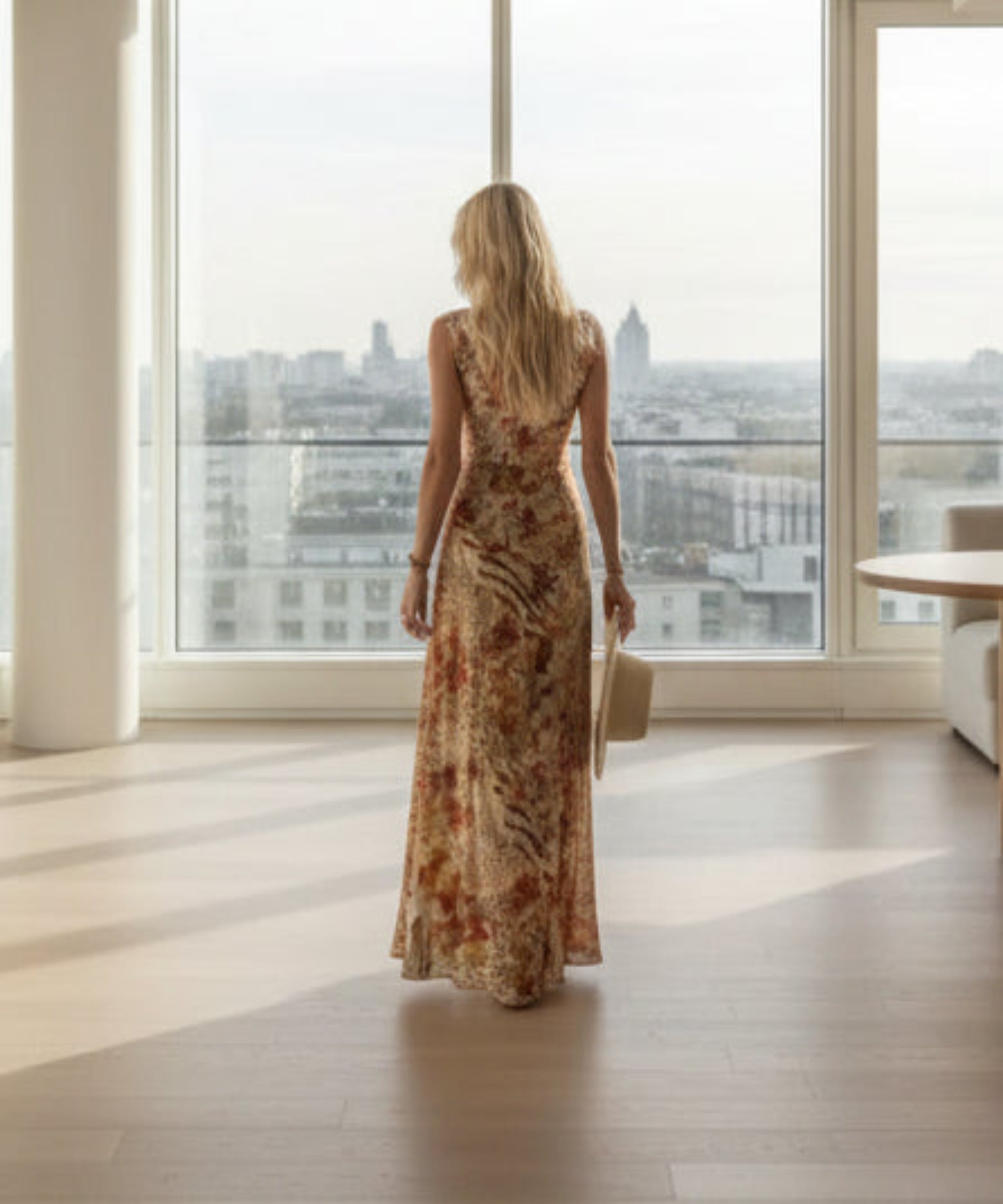 Woman in a floral dress walking down a street in an urban setting