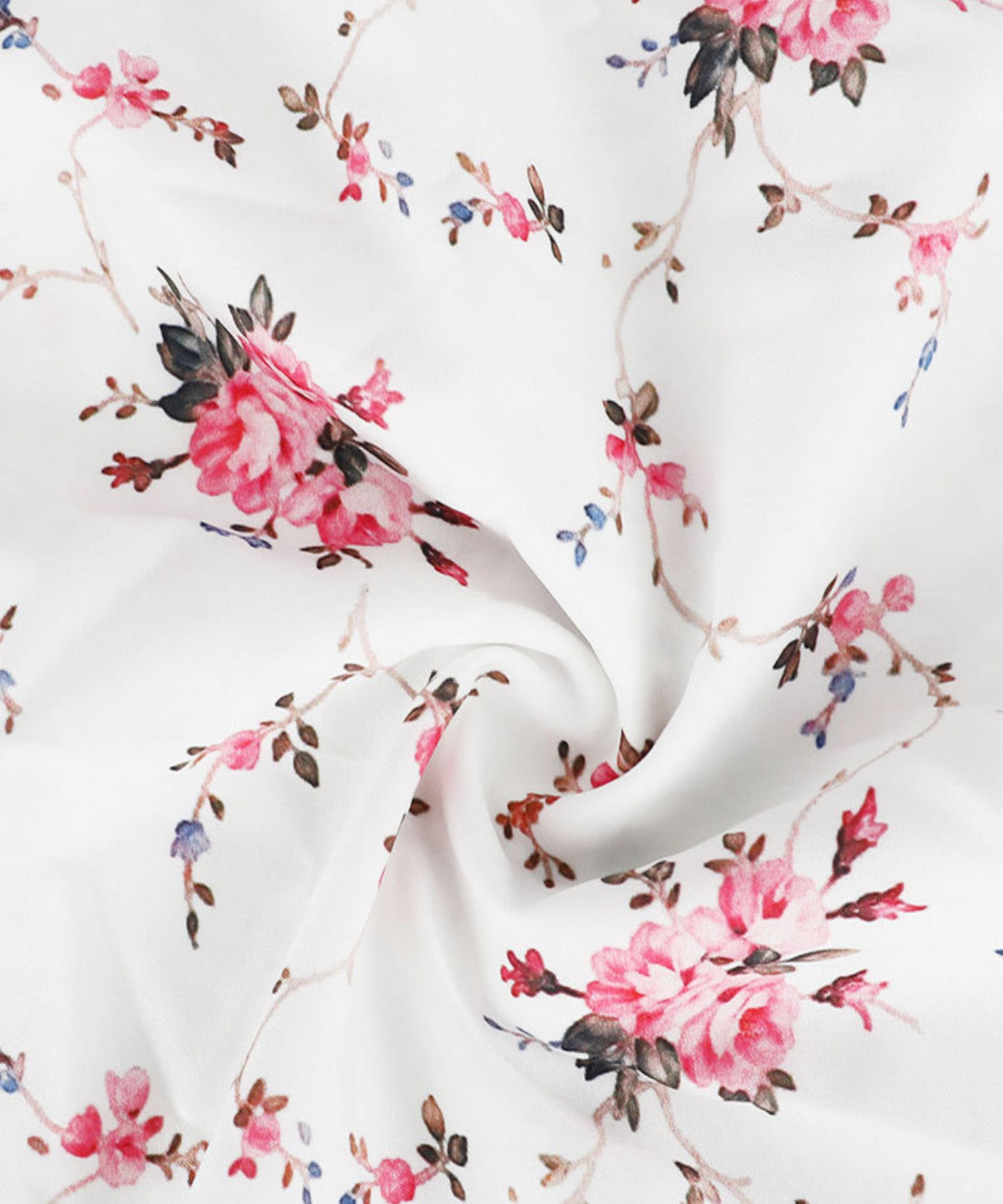 Floral fabric pattern with pink flowers and green leaves on a white background