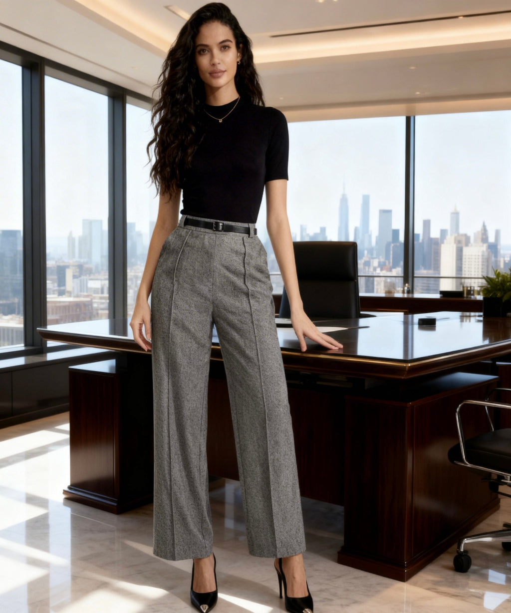 elegant dressed women sits in front of the office 