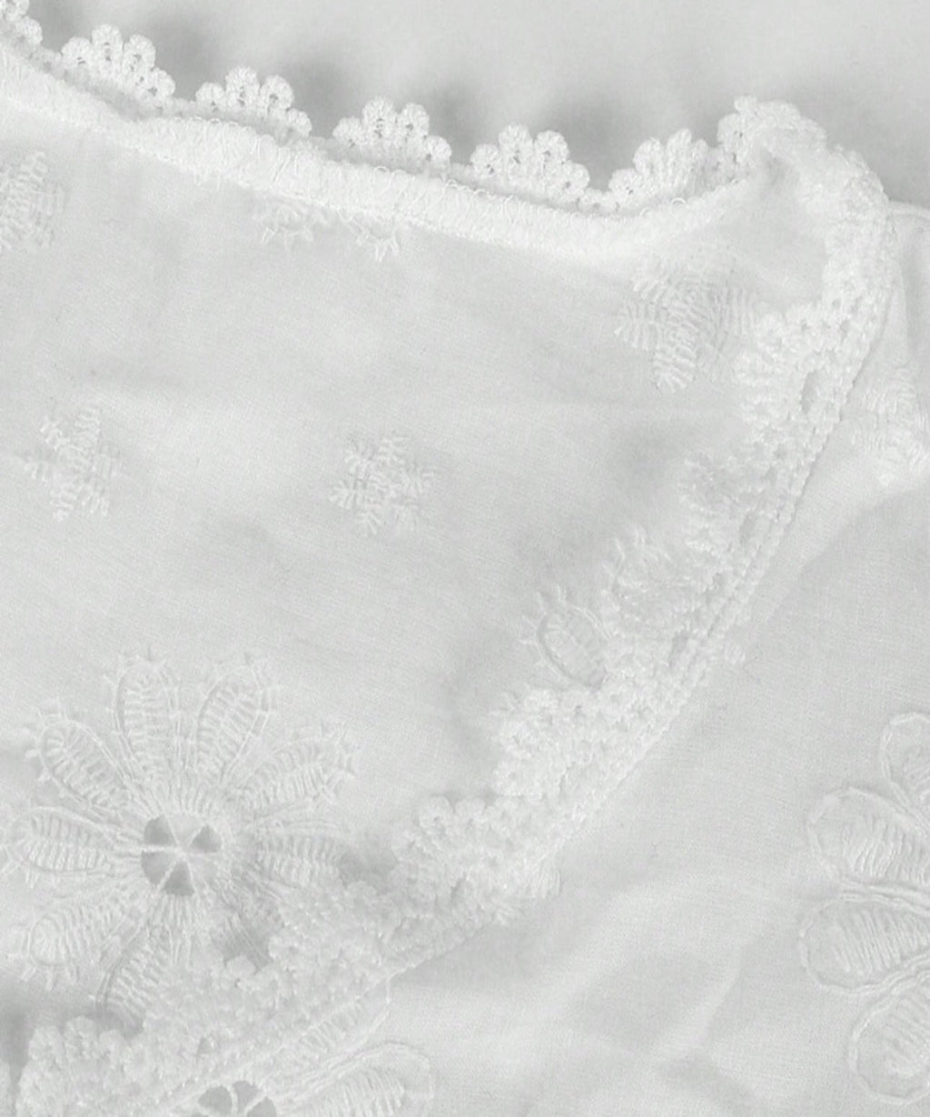 Close-up of a white lace garment with floral patterns on a light gray background
