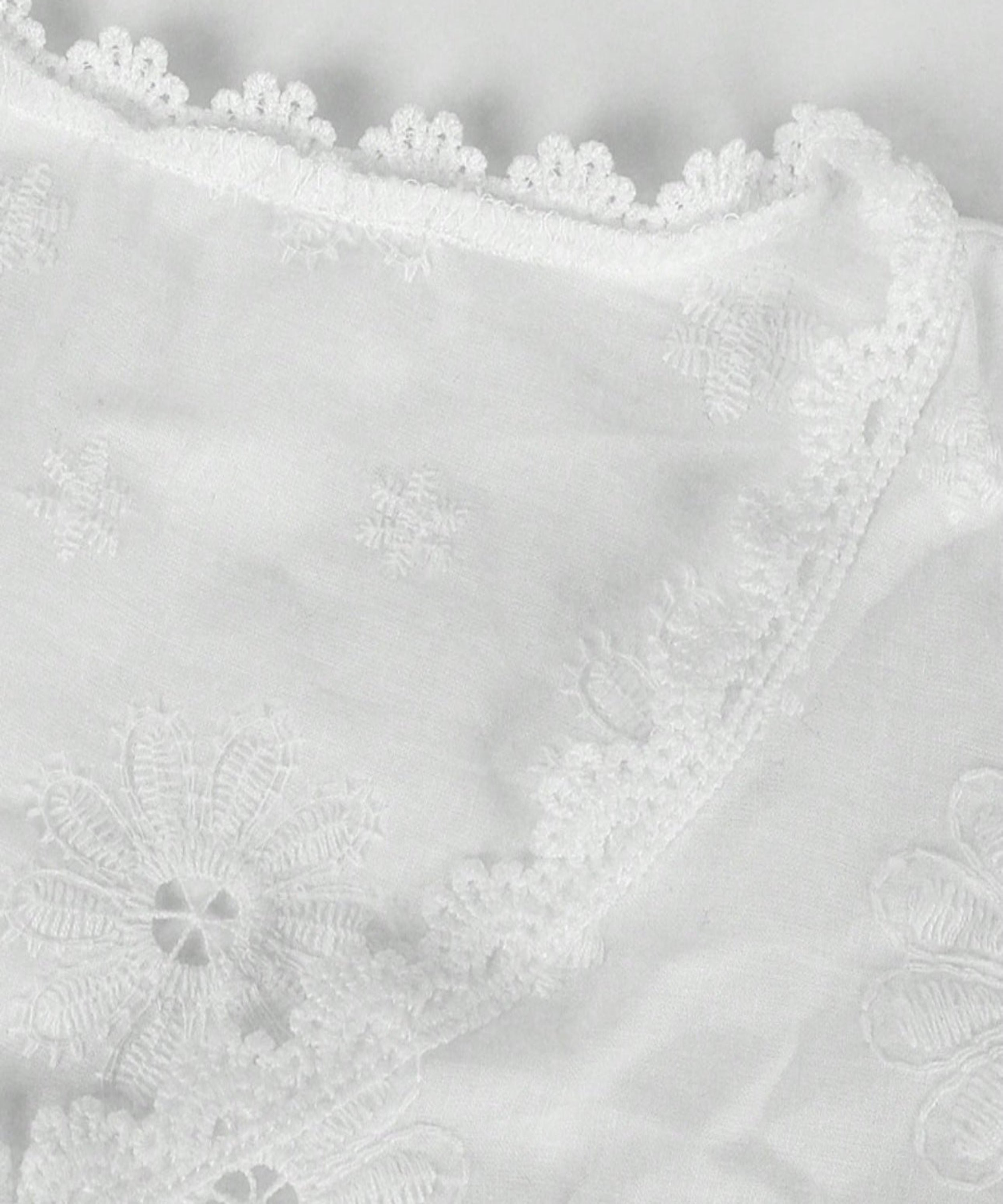 Close-up of a white lace garment with floral patterns on a light gray background