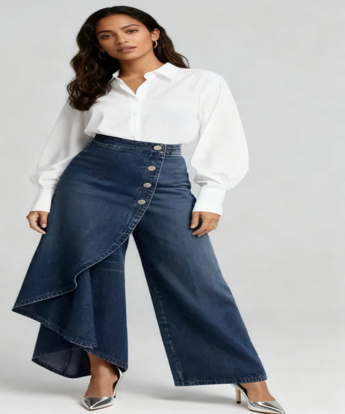 Woman wearing a white blouse and blue denim skirt on a gray background