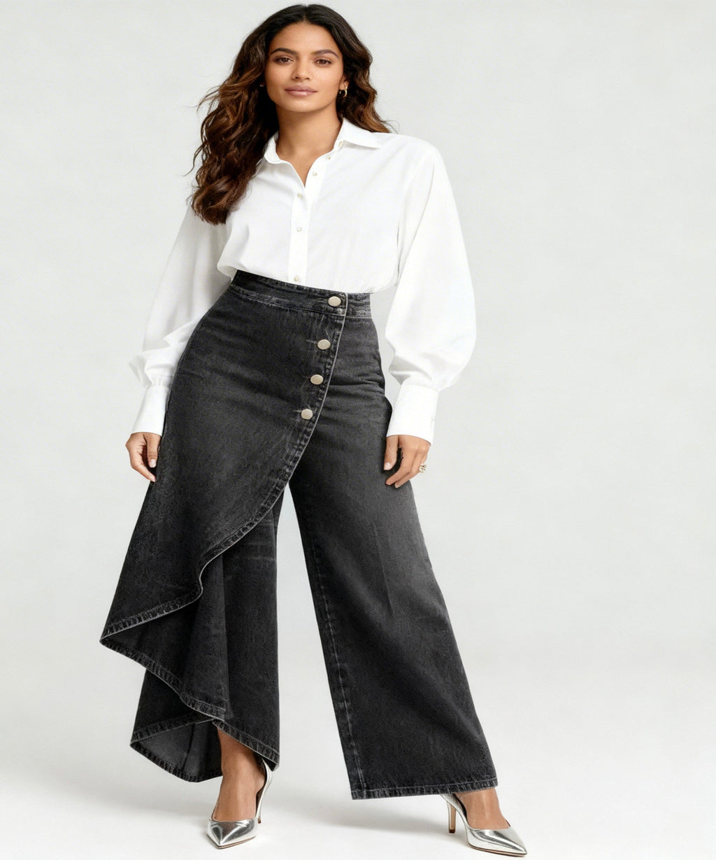 Woman wearing a white blouse and black denim skirt on a white background