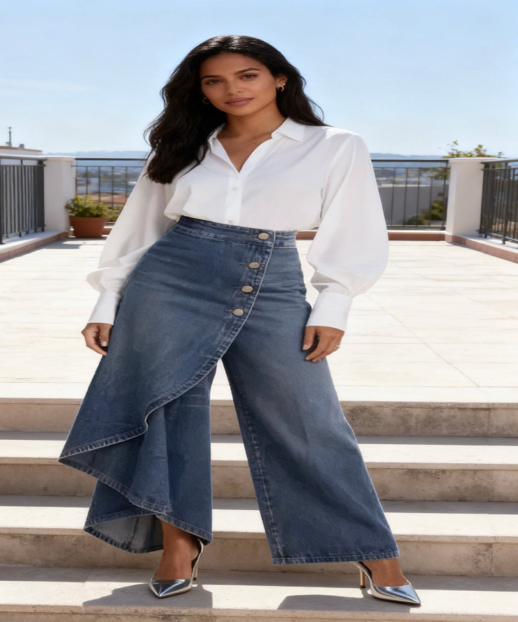 Woman wearing a white blouse and blue denim skirt on a rooftop.