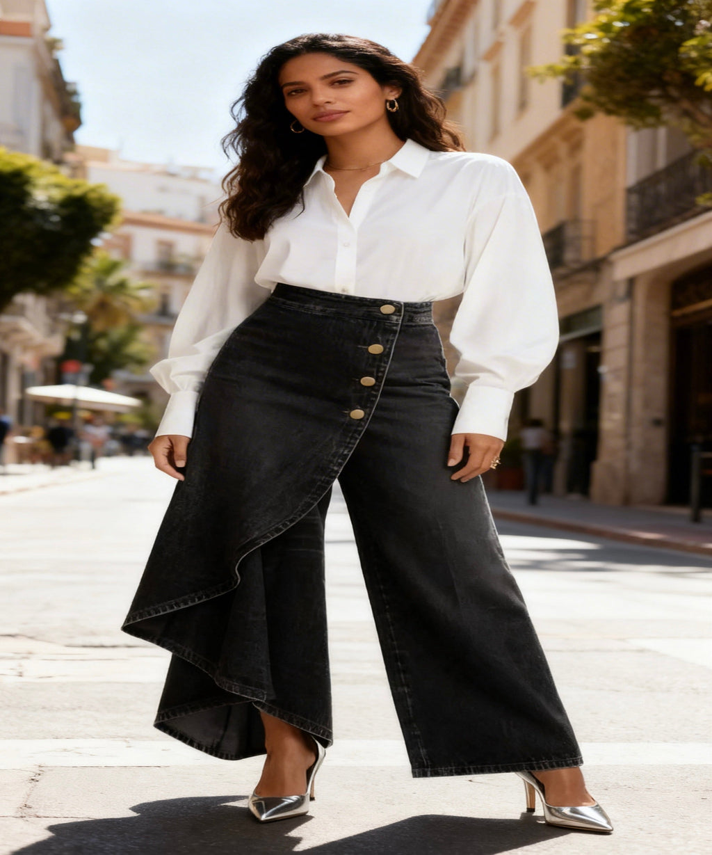 Woman wearing a white blouse and black denim skirt on a city street.