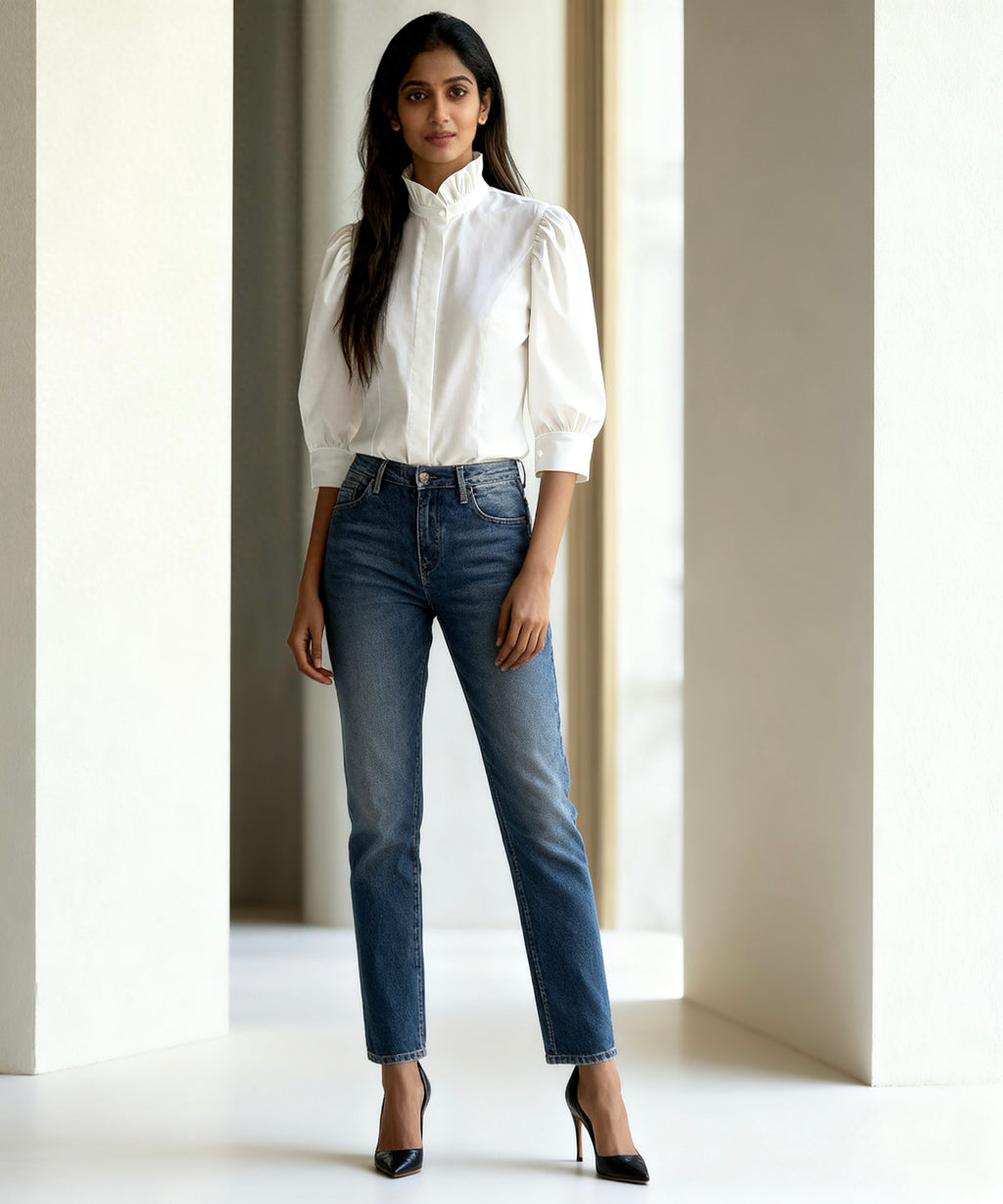 Woman wearing a white blouse and blue jeans standing in a bright room with large windows.
