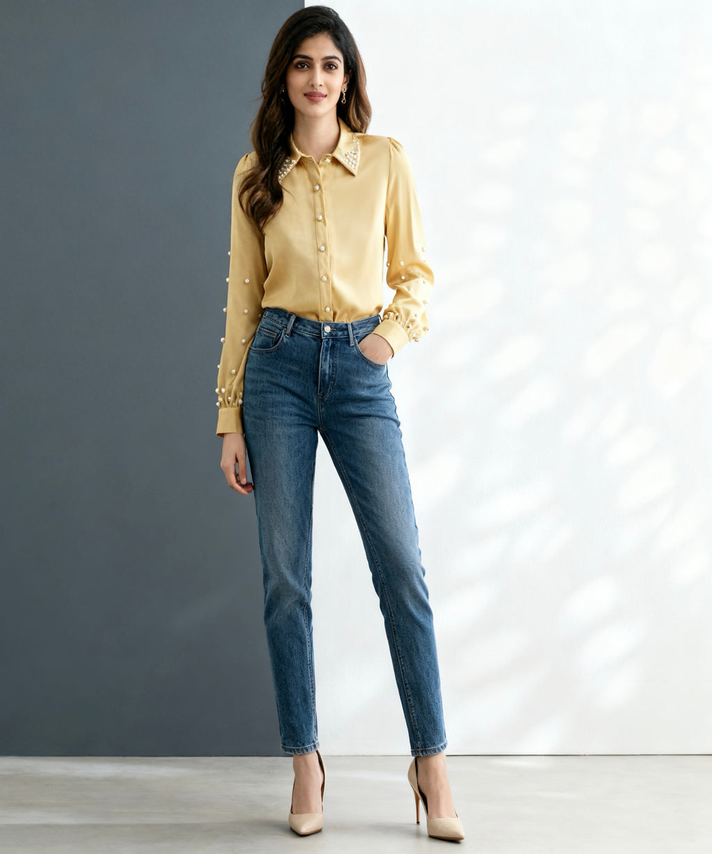 Woman wearing a yellow shirt and blue jeans against a gray background
