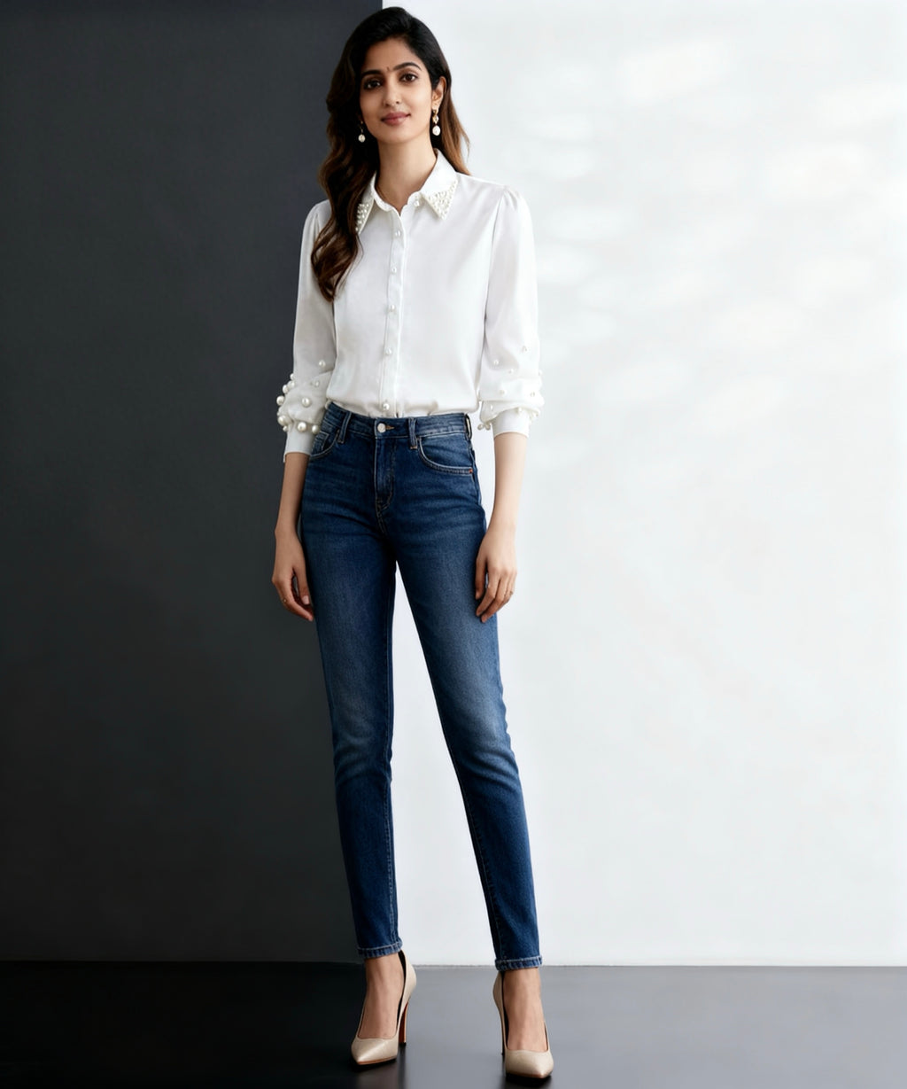 Woman wearing a white shirt and blue jeans against a black and white background