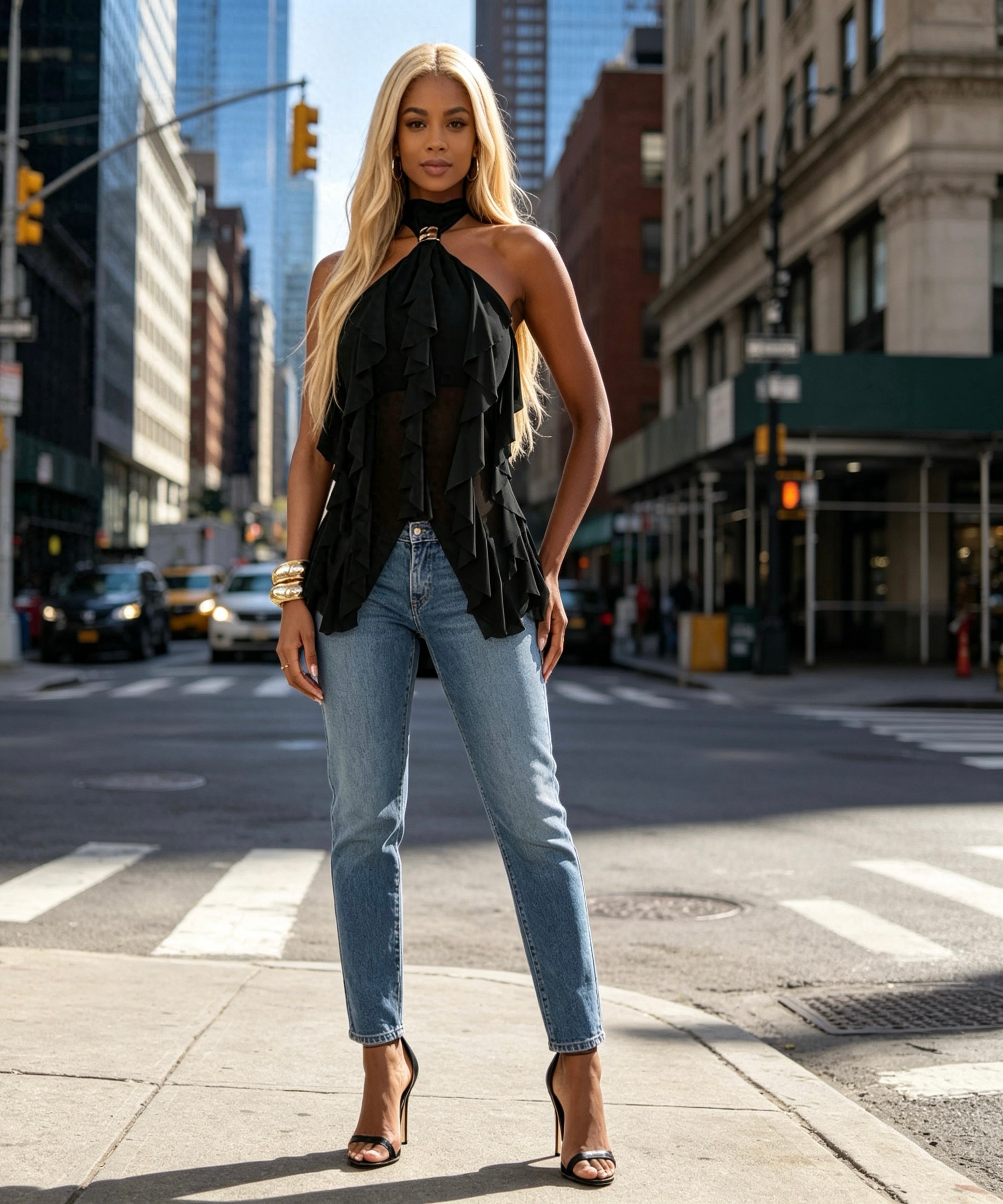 Woman in black top and blue jeans standing on a city street