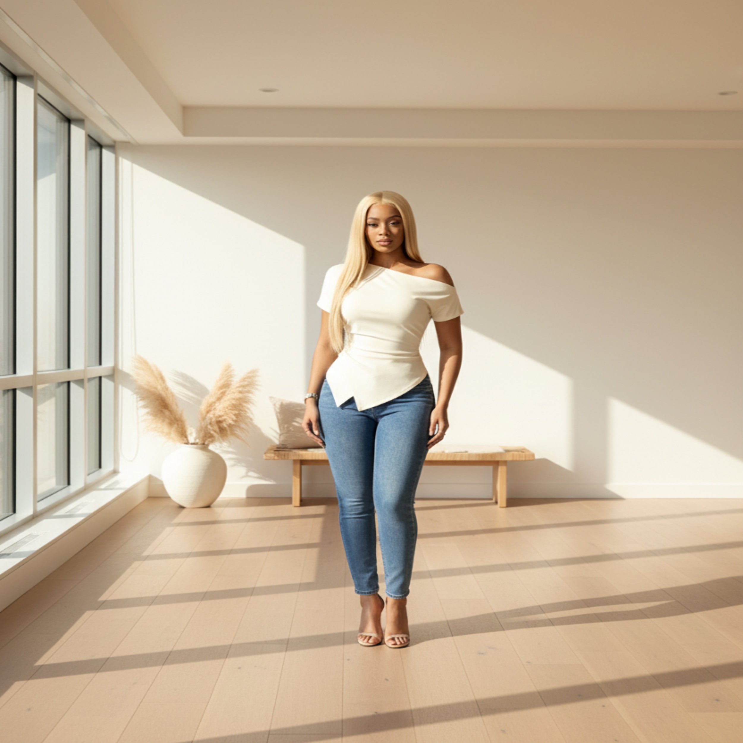 Woman wearing a white off-shoulder top and blue jeans against a gray background